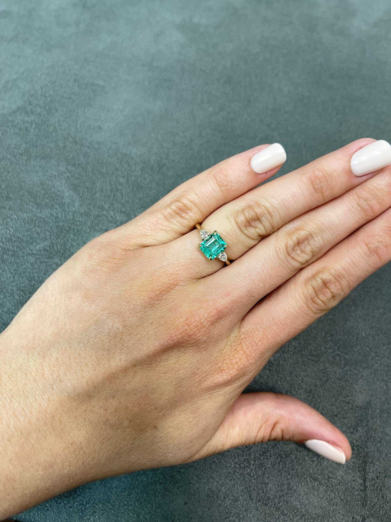 50% Deposit C.R 2.11tcw Three Stone Asscher Emerald & Pear Diamond Engagement Ring 14K
