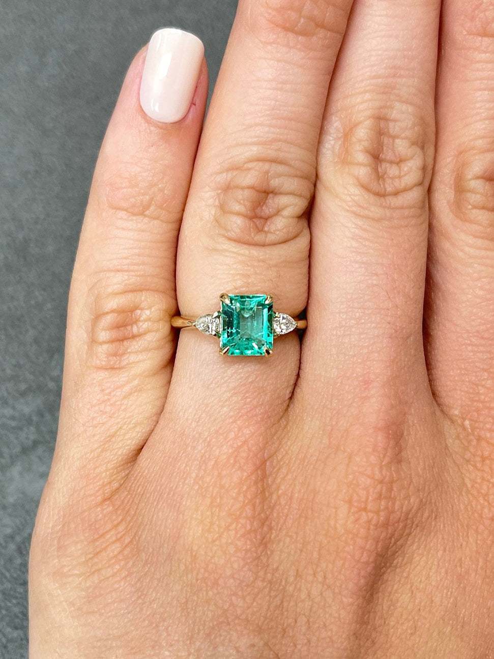 50% Deposit C.R 2.11tcw Three Stone Asscher Emerald & Pear Diamond Engagement Ring 14K