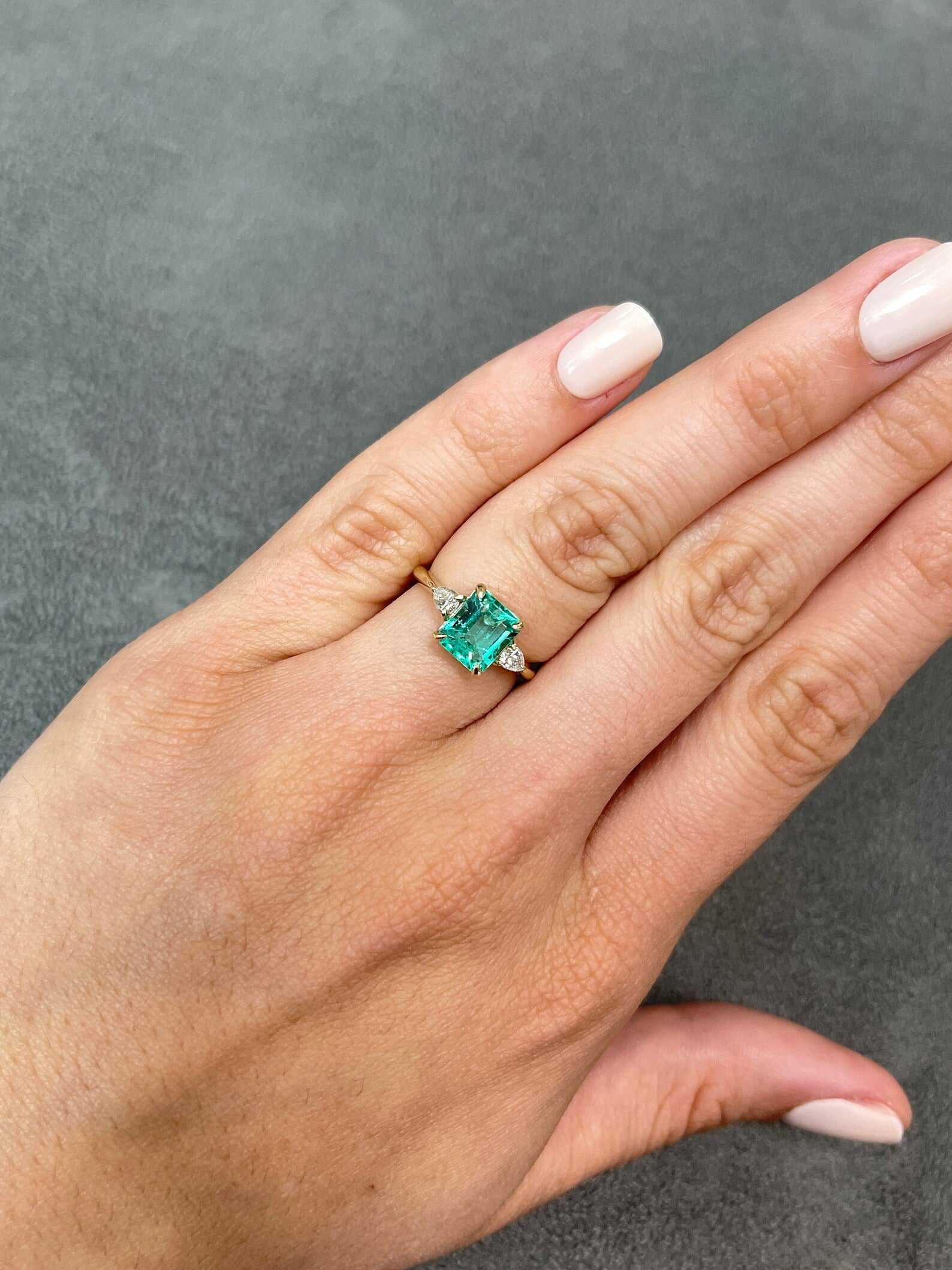 2.11tcw Three Stone Asscher Emerald & Pear Diamond Engagement Ring 14K