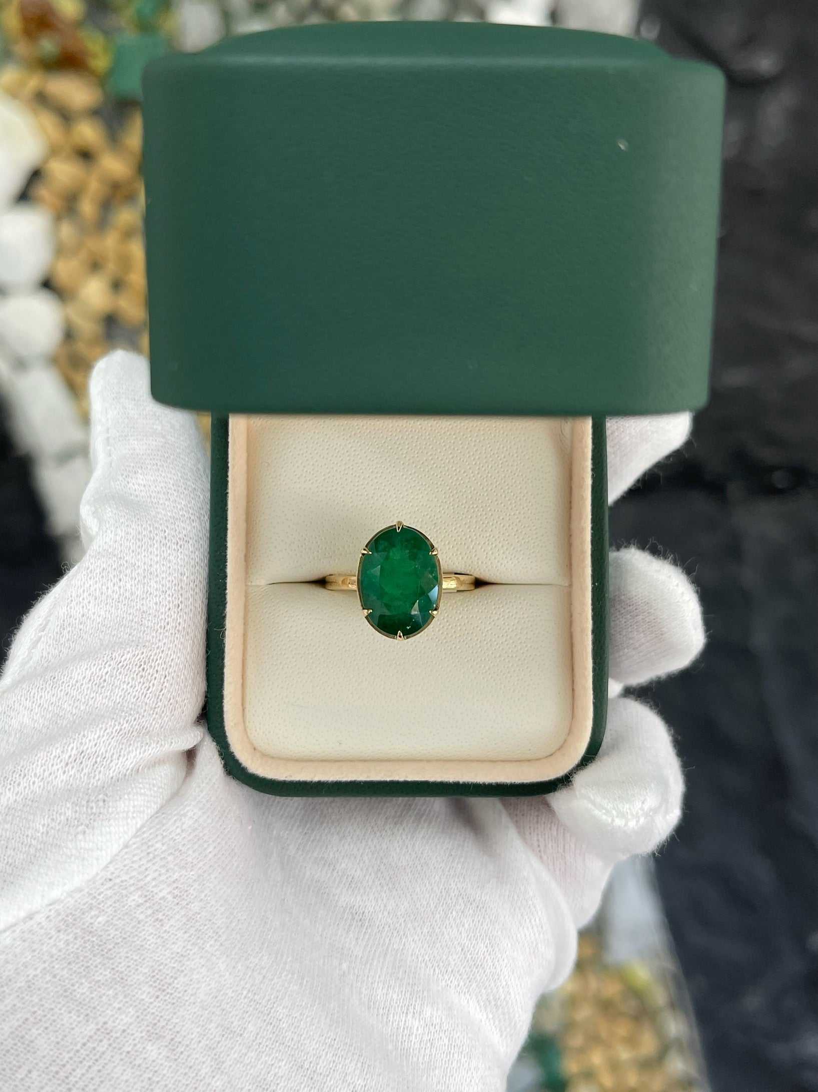 4.39 Carat 14K Oval Dark Rare Rich Green Emerald Solitaire Ring 14K