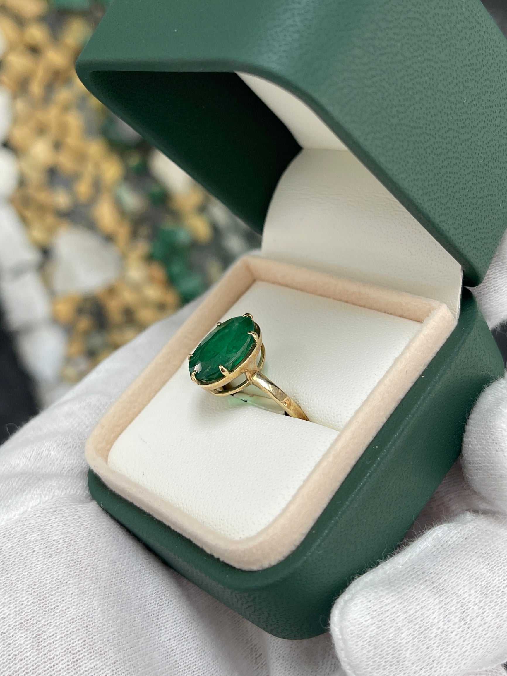 4.39 Carat 14K Oval Dark Rare Rich Green Emerald Solitaire Ring 14K