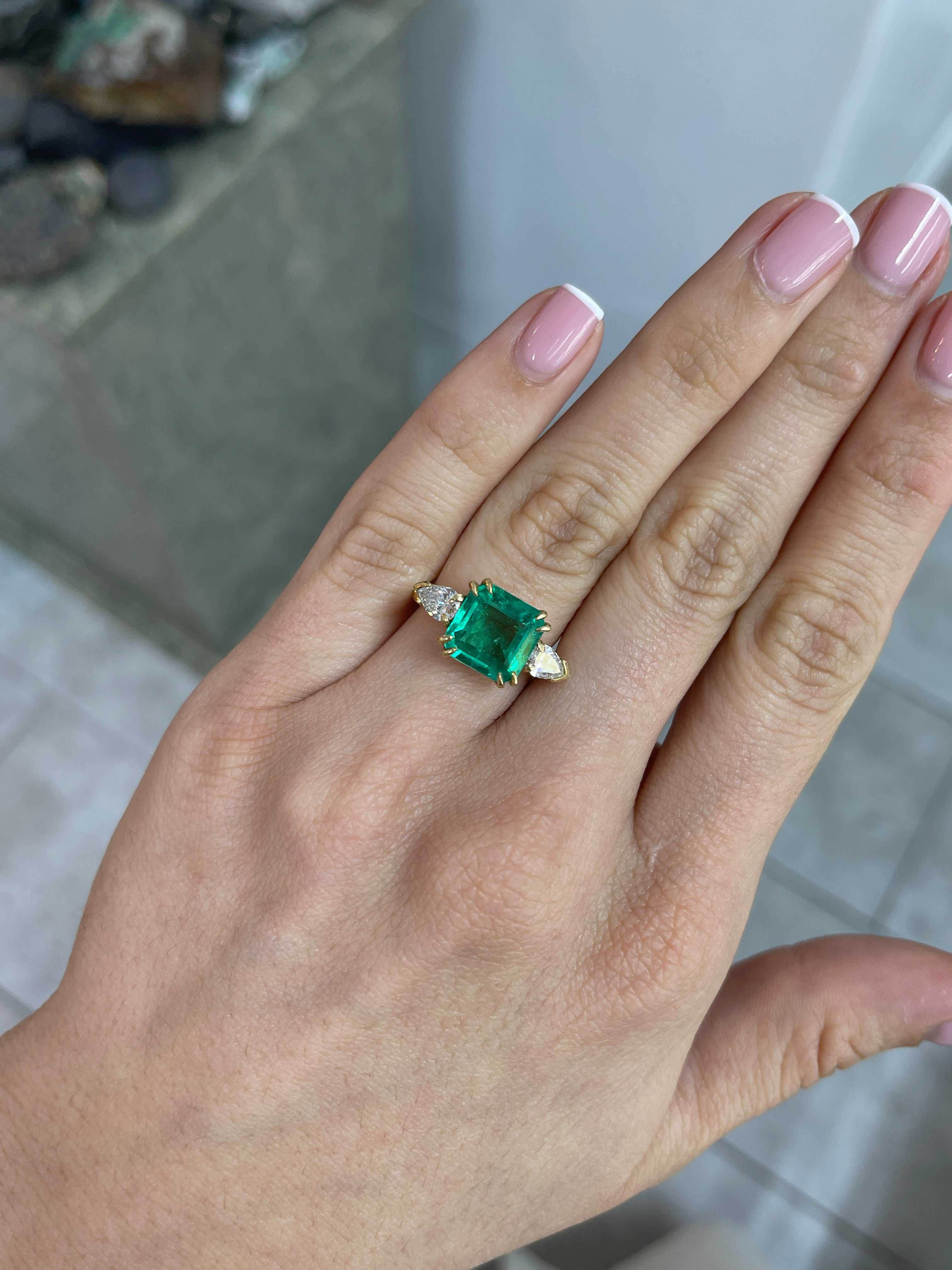 4.56tcw 18K GIA MINOR OIL Three Stone Emerald & Pear Diamond Ring - JR Colombian Emeralds