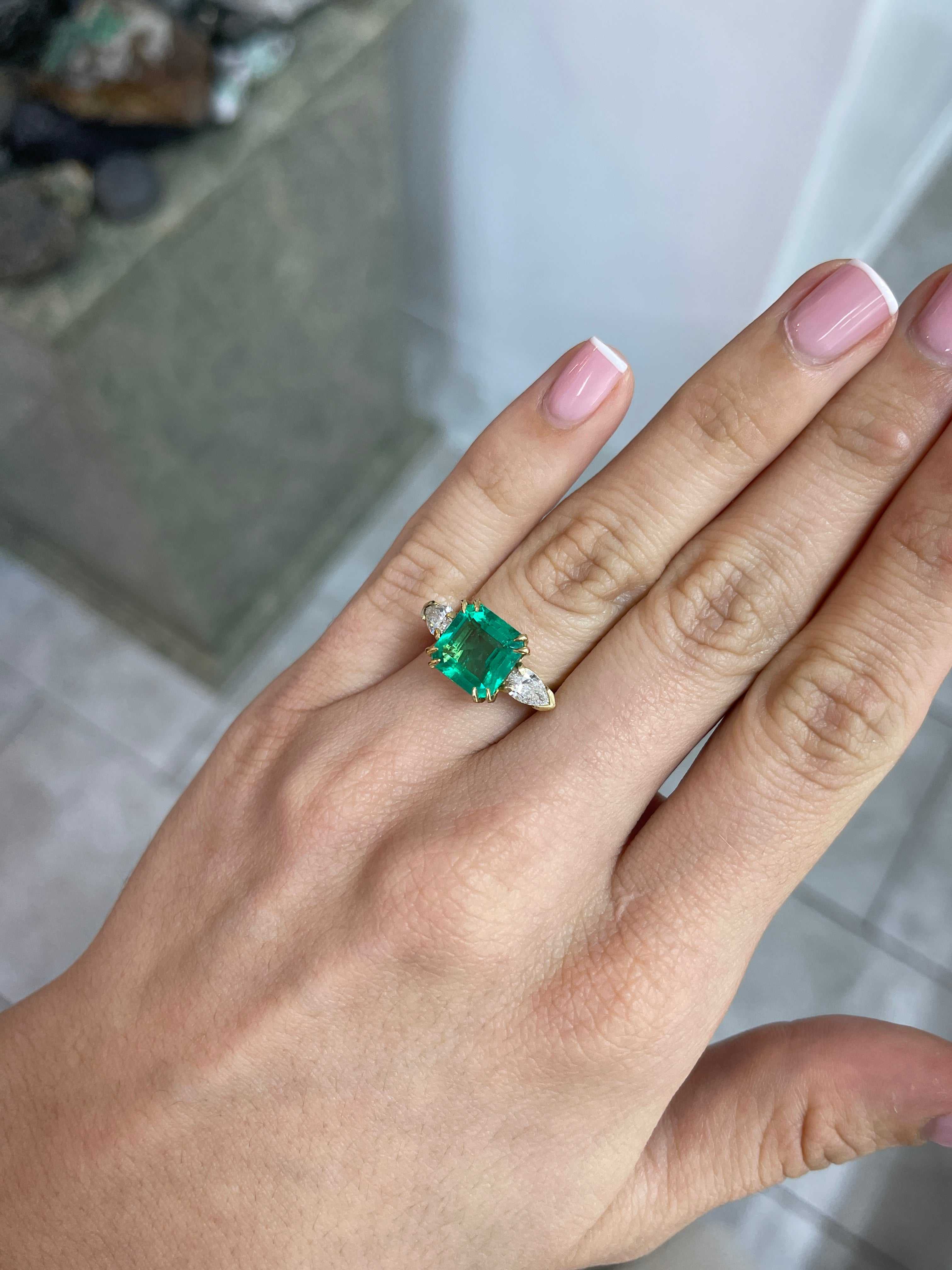 4.56tcw 18K GIA MINOR OIL Three Stone Emerald & Pear Diamond Ring - JR Colombian Emeralds