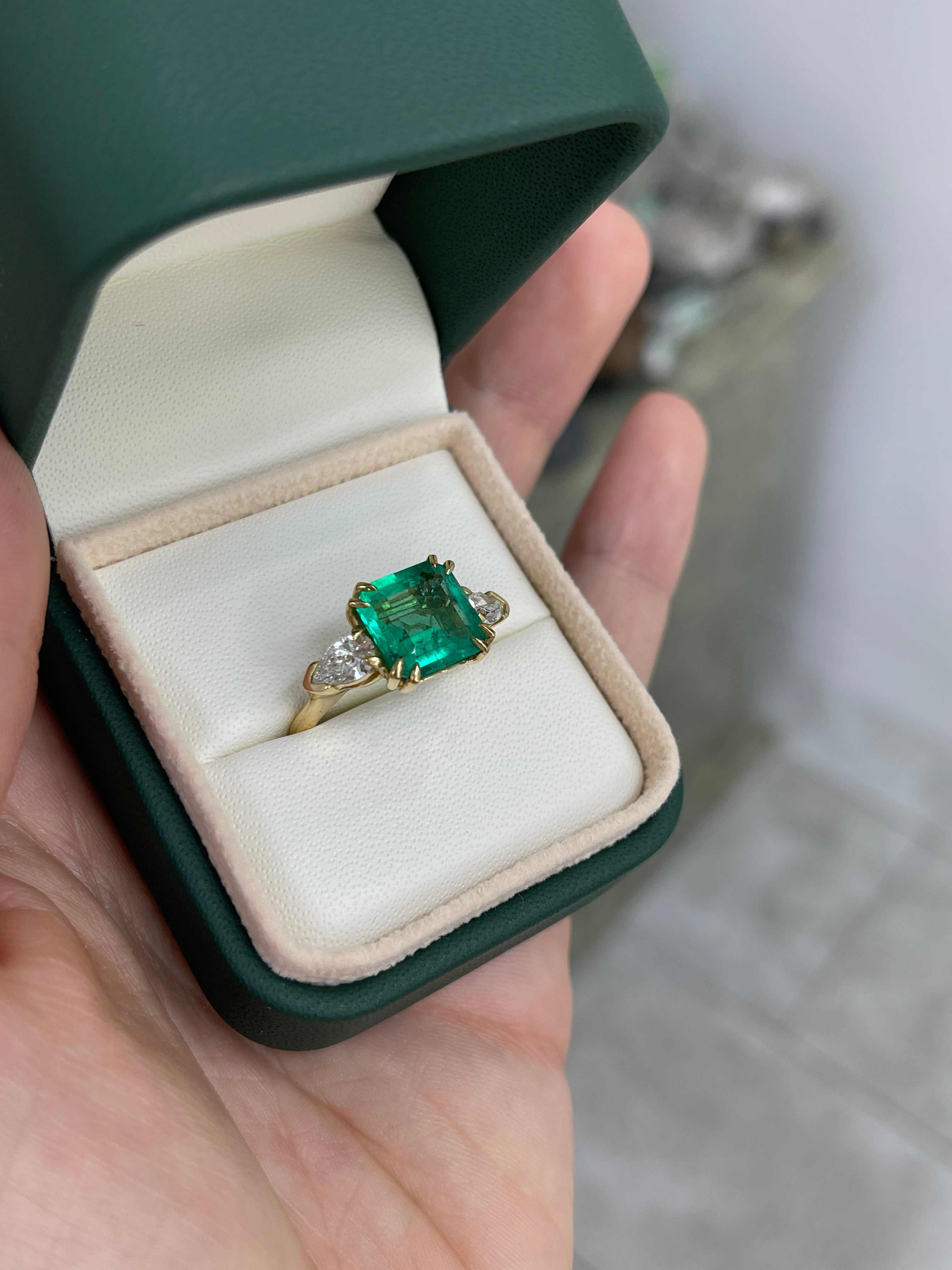 4.56tcw 18K GIA MINOR OIL Three Stone Emerald & Pear Diamond Ring - JR Colombian Emeralds