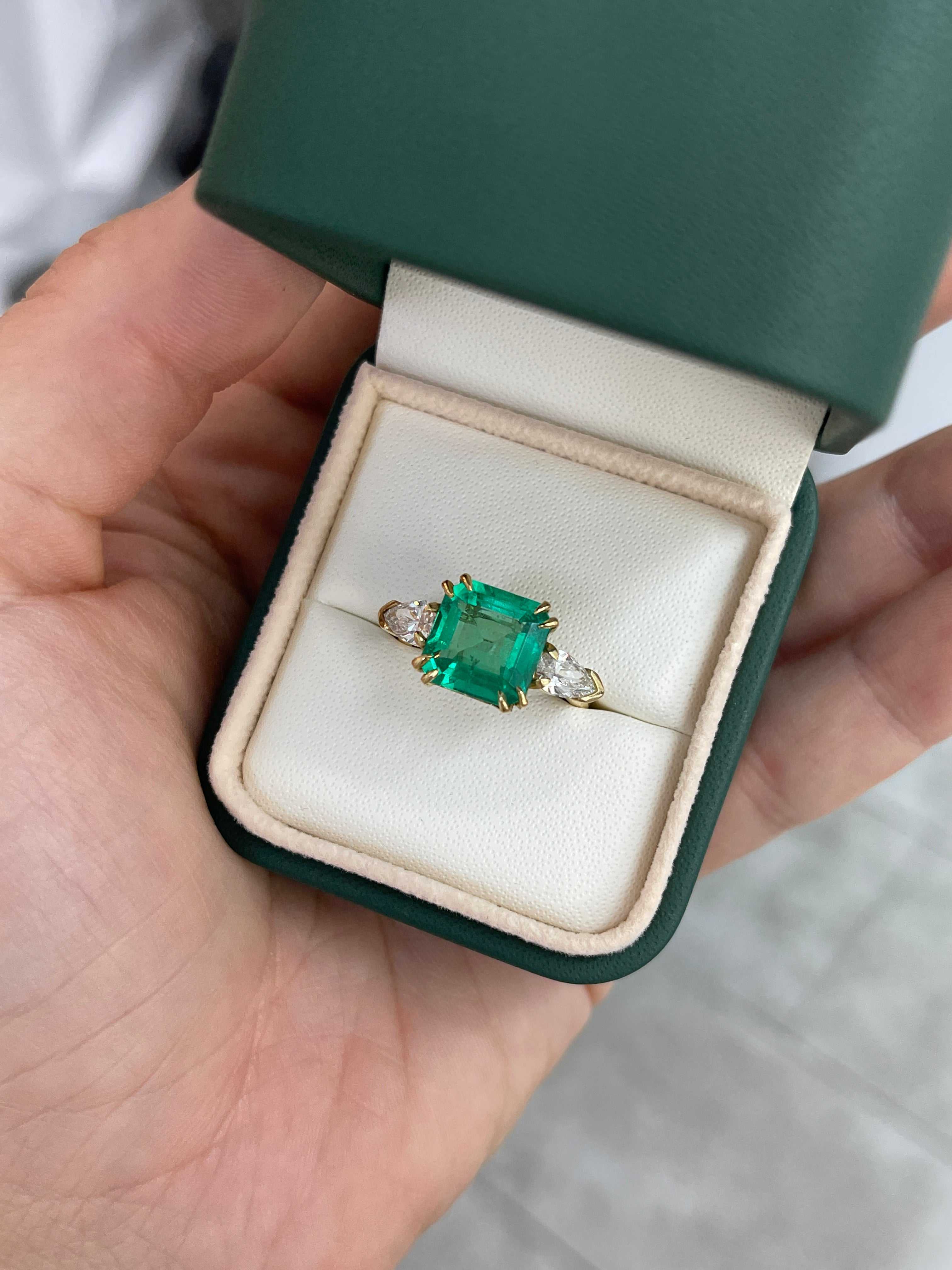 4.56tcw 18K GIA MINOR OIL Three Stone Emerald & Pear Diamond Ring - JR Colombian Emeralds