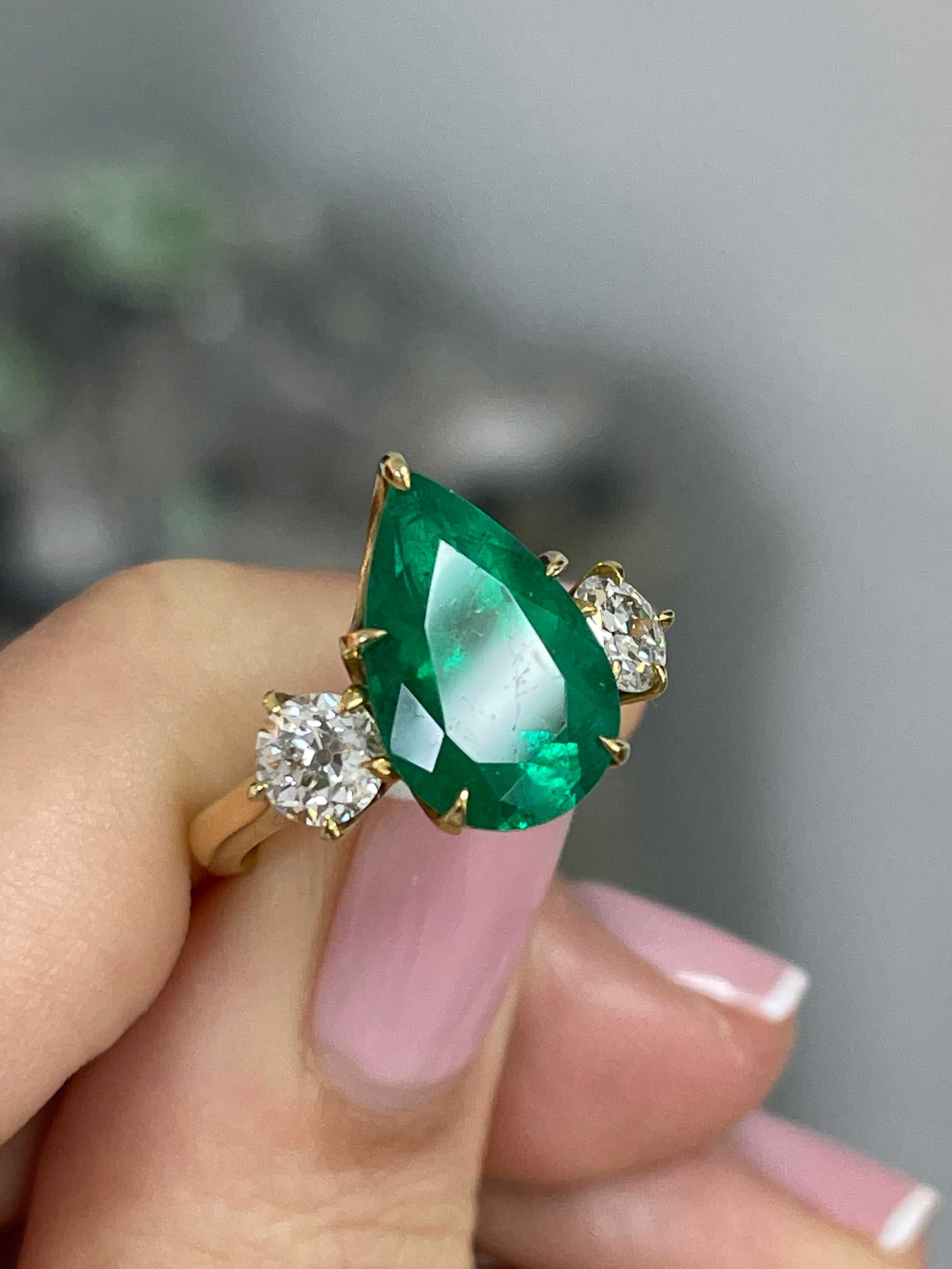 6.68tcw 18K Statement Vivid Green Pear Colombian Emerald & Old Euro Diamond Three Stone Ring - JR Colombian Emeralds