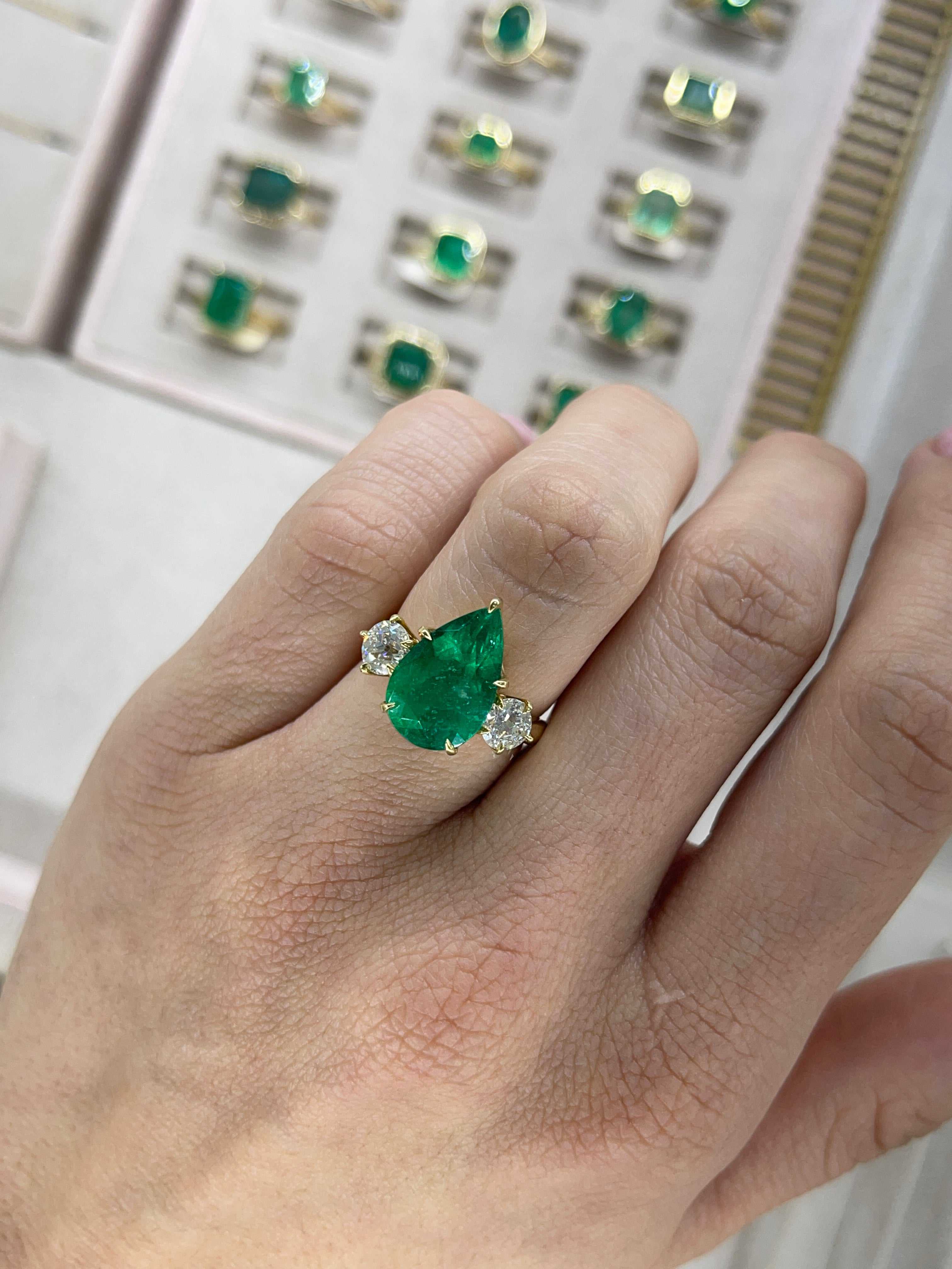 6.68tcw 18K Statement Vivid Green Pear Colombian Emerald & Old Euro Diamond Three Stone Ring - JR Colombian Emeralds
