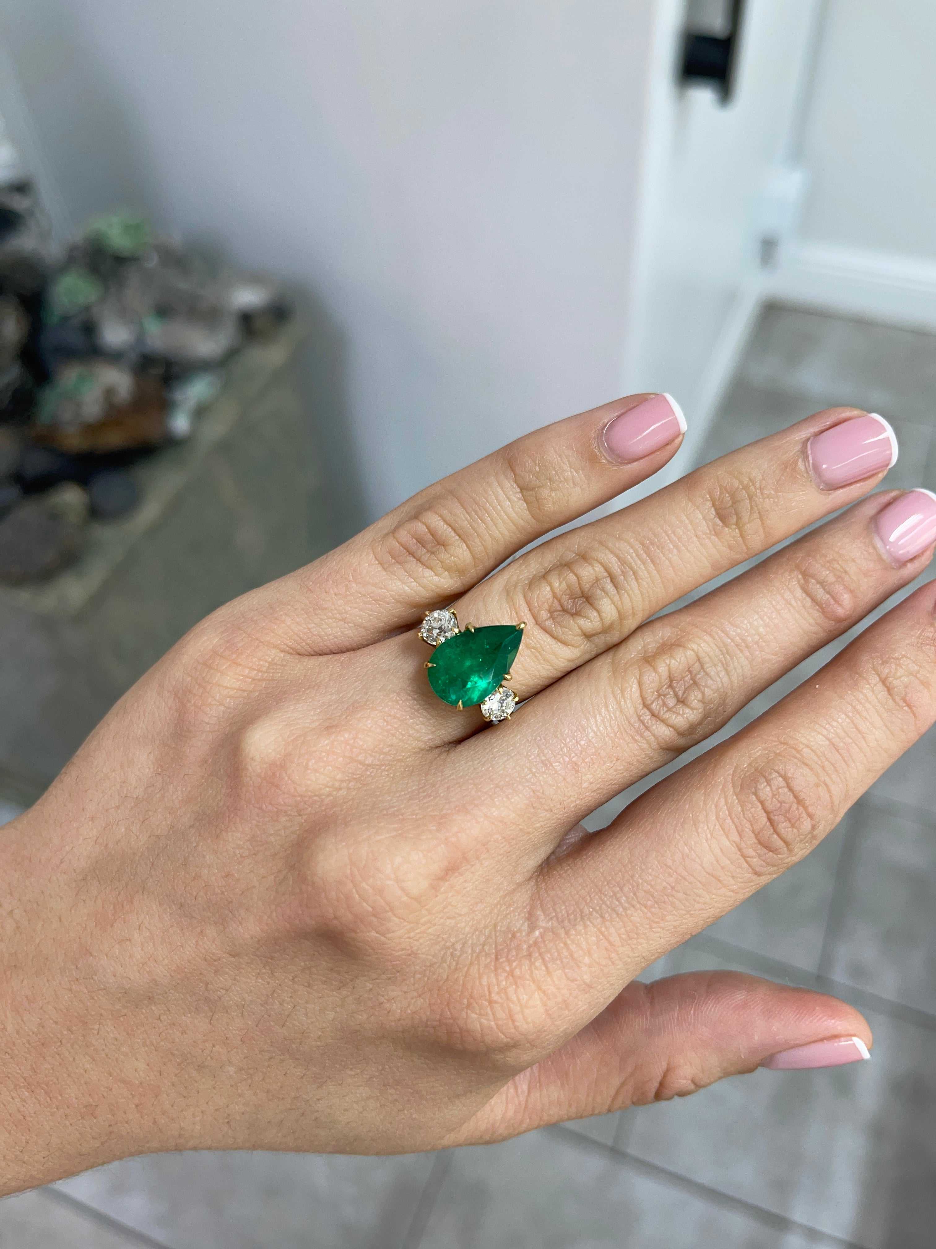 6.68tcw 18K Statement Vivid Green Pear Colombian Emerald & Old Euro Diamond Three Stone Ring - JR Colombian Emeralds