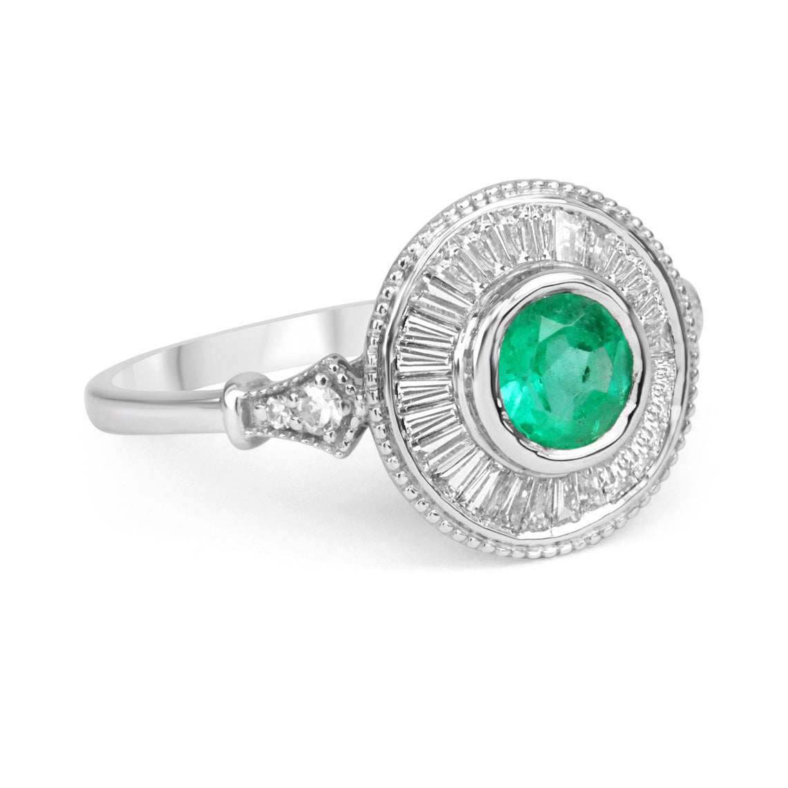 1.25tcw Colombian Emerald & Diamond Baguette Halo Ring 14K