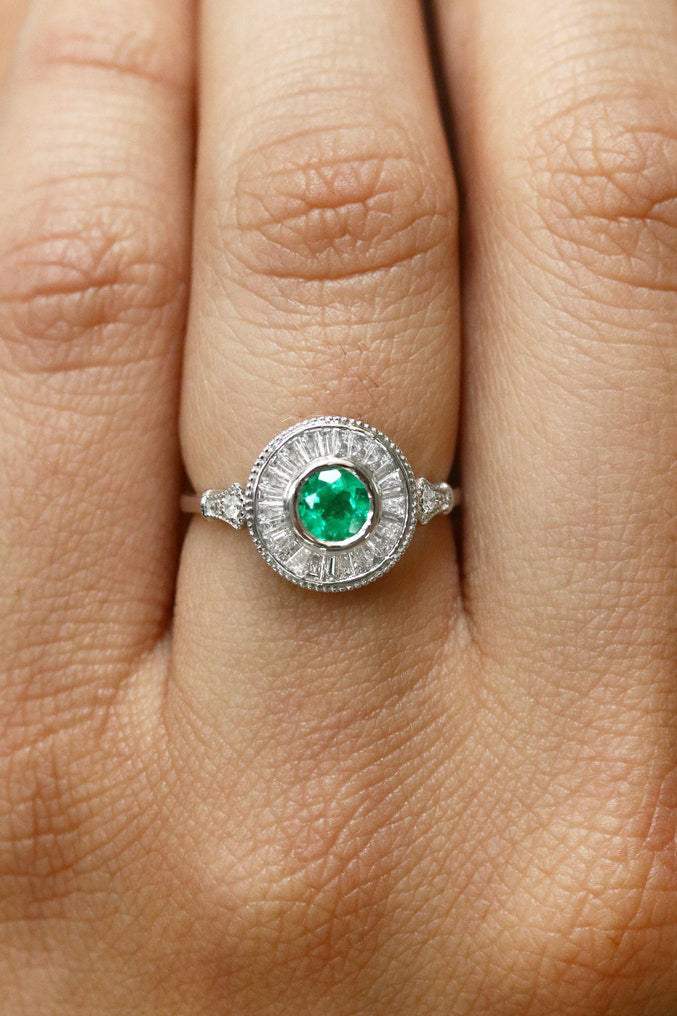 1.25tcw Colombian Emerald & Diamond Baguette Halo Bezel Ring 14K