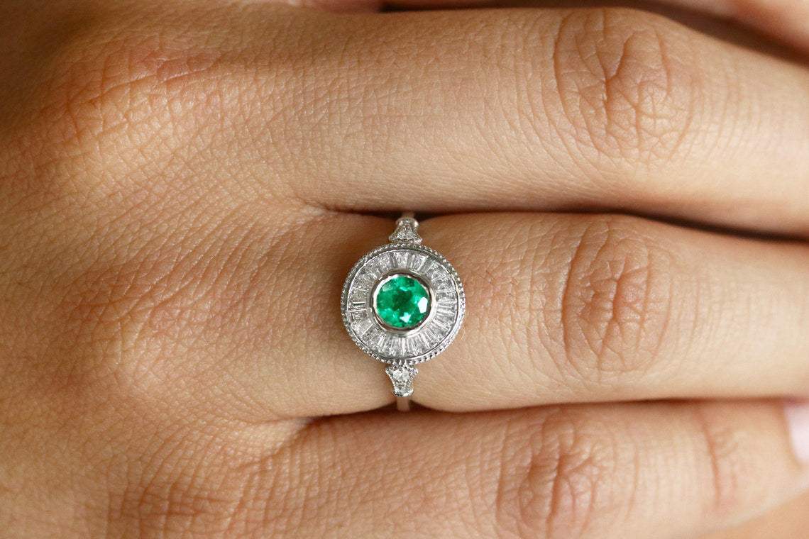 1.25tcw Colombian Emerald & Diamond Baguette Halo Bezel Ring 14K white gold