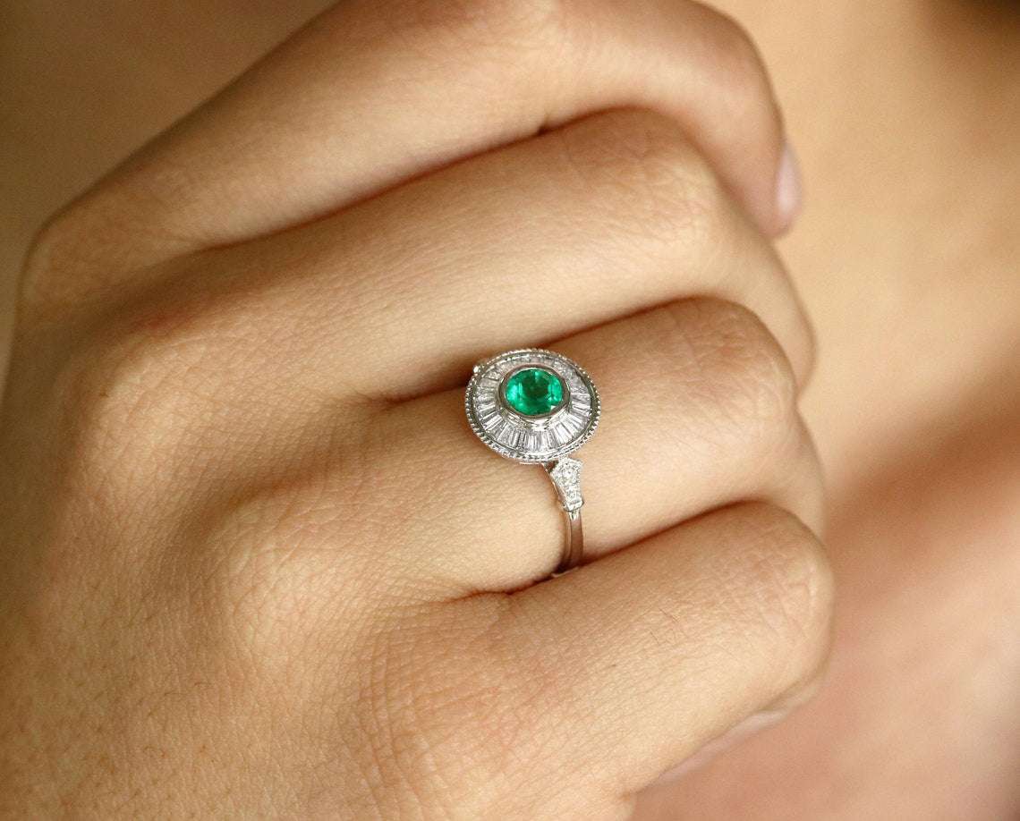 1.25tcw Colombian Emerald & Diamond Baguette Halo Bezel Ring 14K