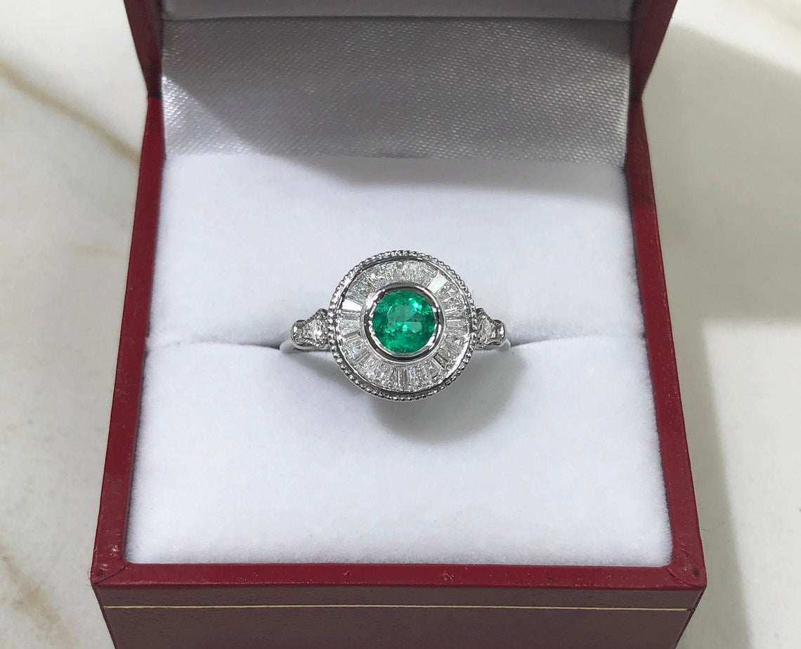 1.25tcw Colombian Emerald & Diamond Baguette Halo Bezel Ring 14K
