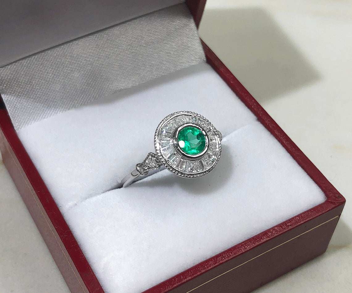1.25tcw Colombian Emerald & Diamond Baguette Halo Bezel Ring 14K