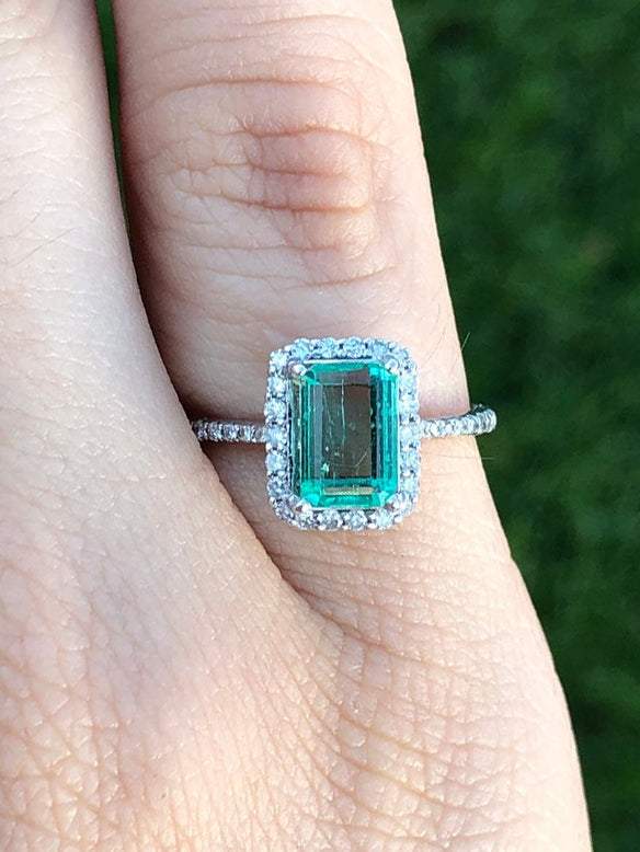 1.63tcw Sea Green Emerald Pave Diamond Halo Anniversary Ring 14K - JR Colombian Emeralds