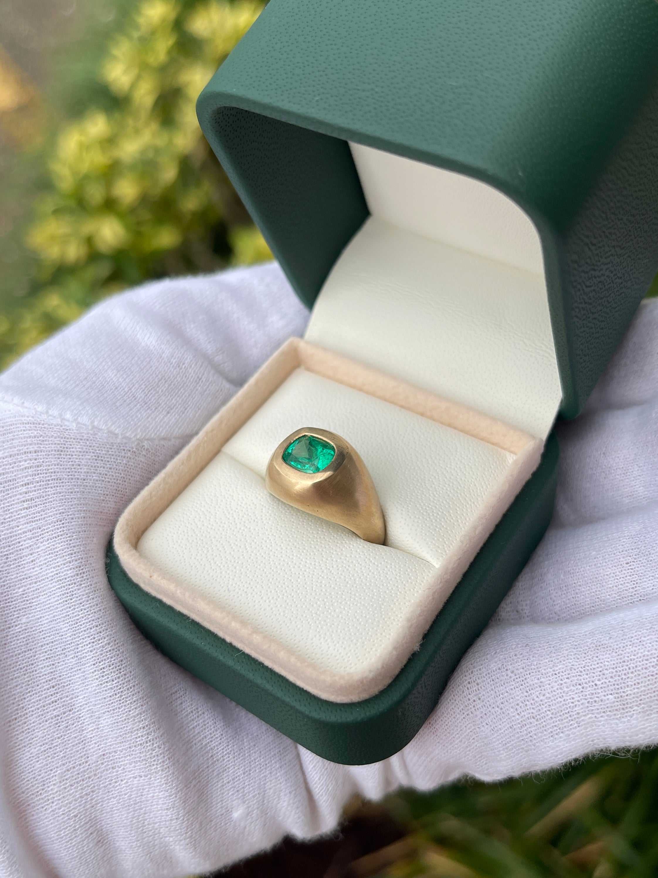 1.30 Carat Bezel Set Colombian Emerald Gypsy Ring 14K - JR Colombian Emeralds