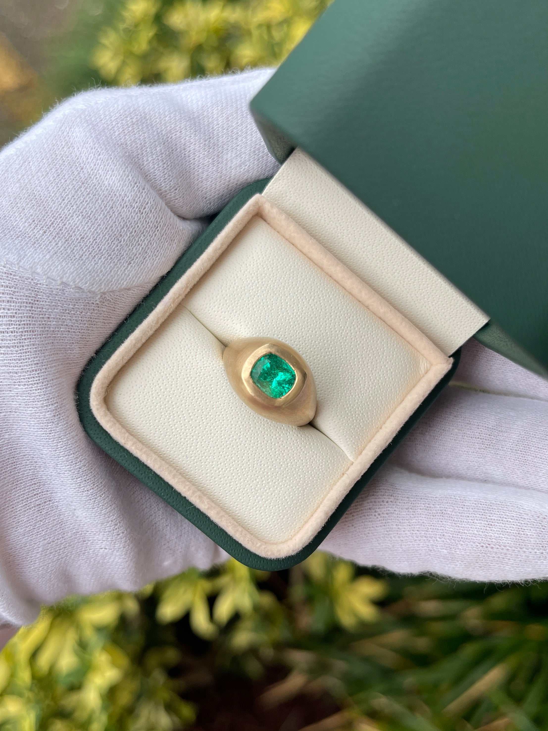 1.30 Carat Bezel Set Colombian Emerald Gypsy Ring 14K - JR Colombian Emeralds