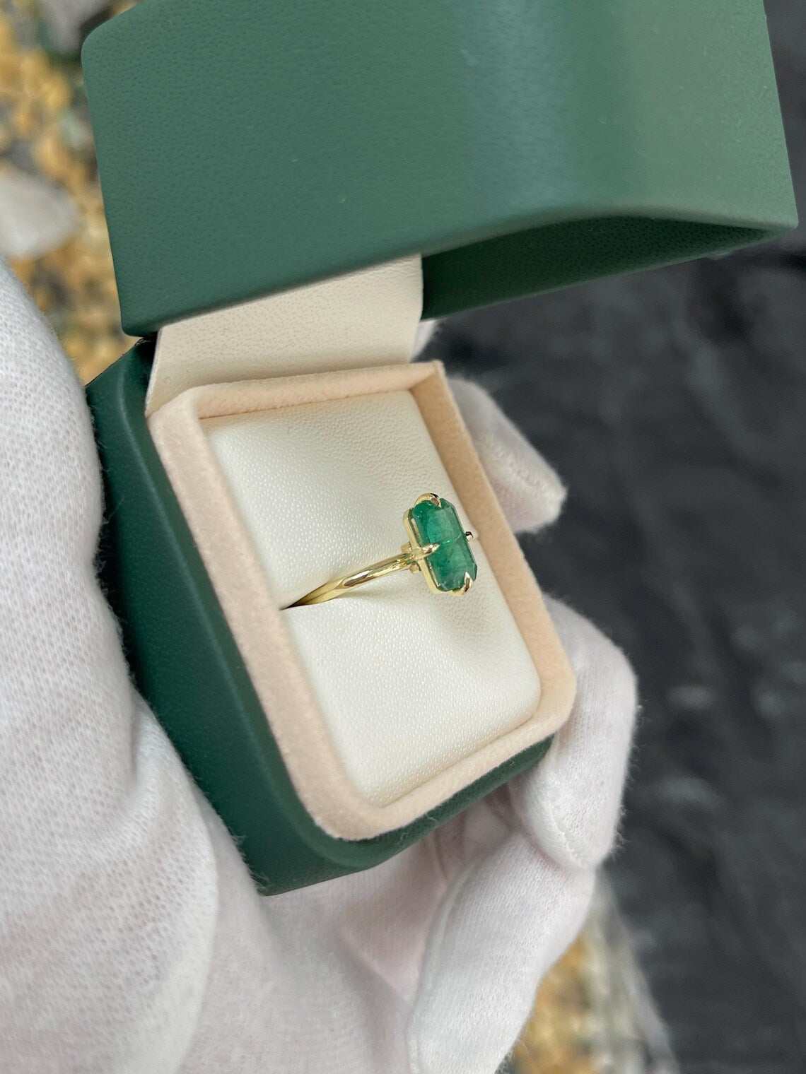 1.90 Carat Natural Dark Green Emerald Cut Solitaire Emerald Ring