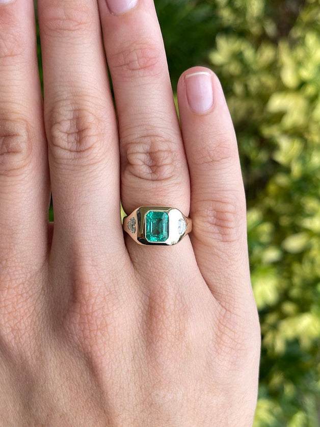 2.15tcw Three Stone Colombian Emerald & Heart Diamond Gypsy Ring 14K