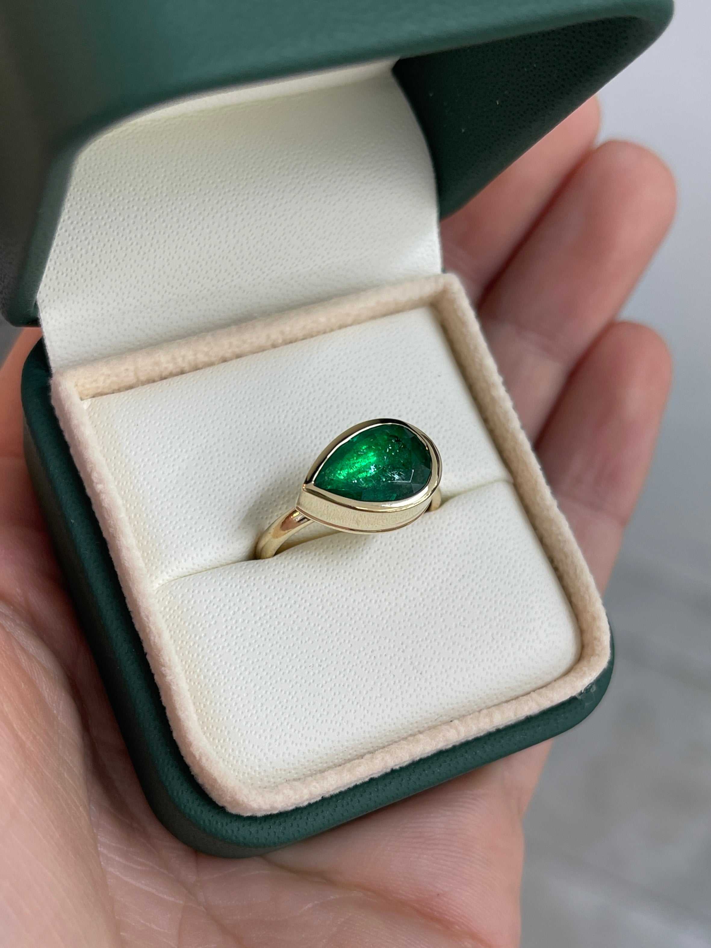 2.18 Carats Dark Forest Green Bezel East to West Set Emerald Pear Solitaire Ring 18K - JR Colombian Emeralds