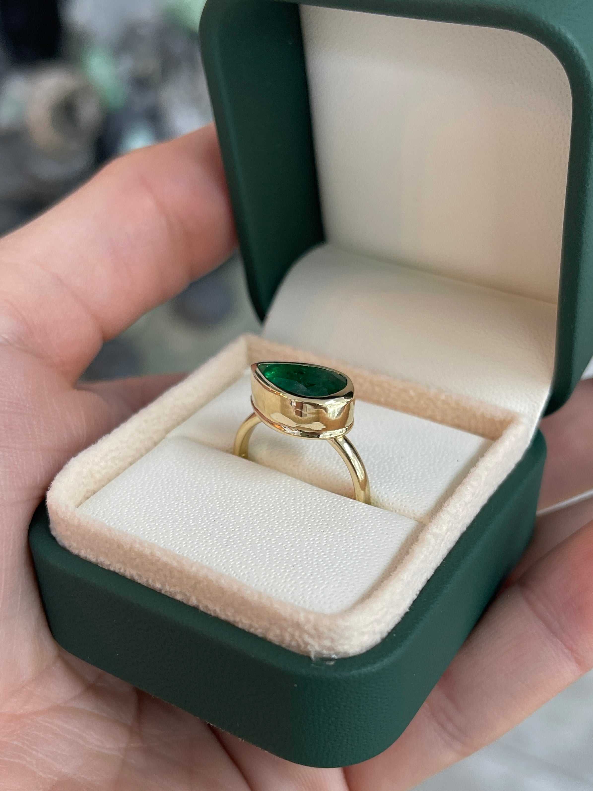 2.18 Carats Dark Forest Green Bezel East to West Set Emerald Pear Solitaire Ring 18K - JR Colombian Emeralds