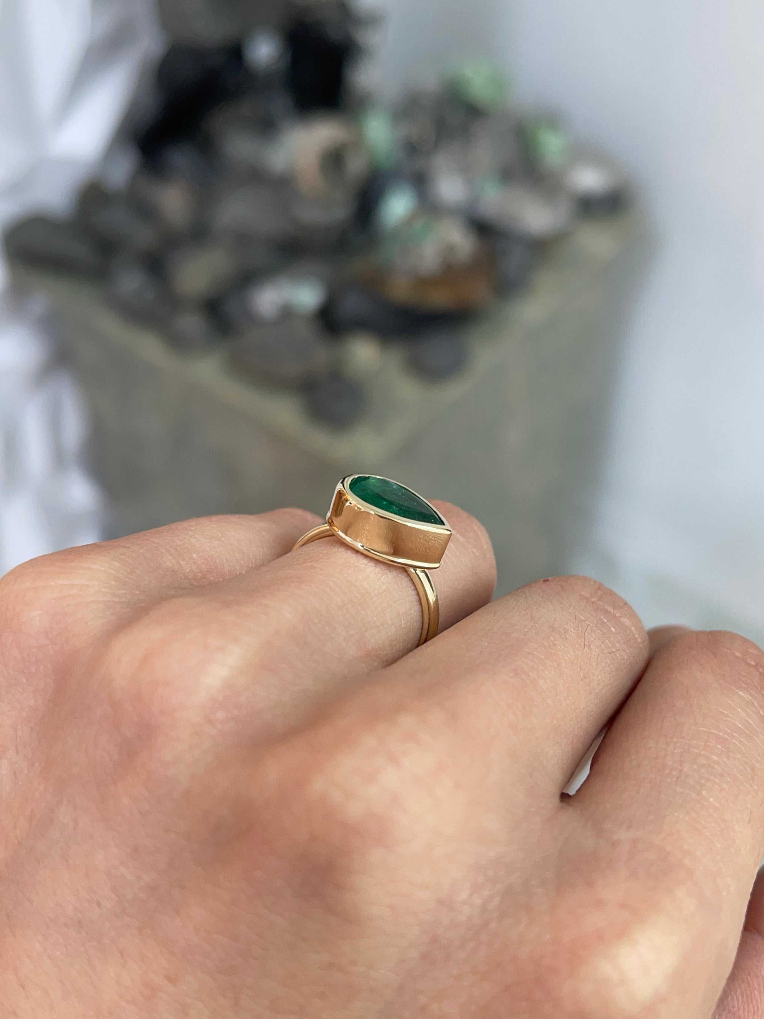 2.18 Carats Dark Forest Green Bezel East to West Set Emerald Pear Solitaire Ring 18K - JR Colombian Emeralds