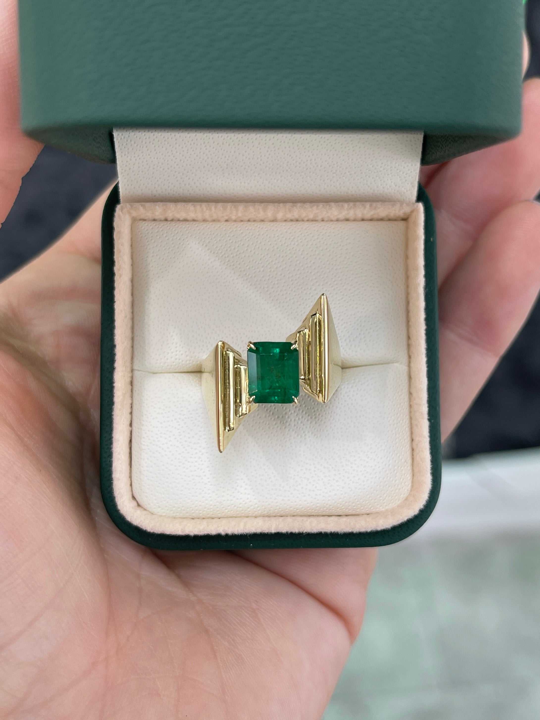2.18ct Lush Dark Green Emerald Cut Statement Look Solitaire Ring - JR Colombian Emeralds