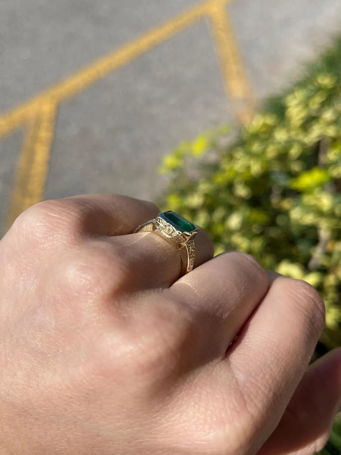 2.76ct Features Lush Green Emerald Cut Set East to West in Floral Ring