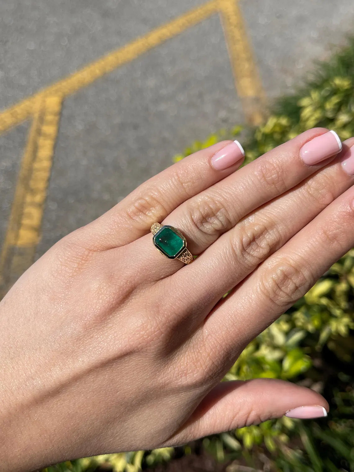 2.76ct Features Lush Green Emerald Cut Set East to West in Floral Ring