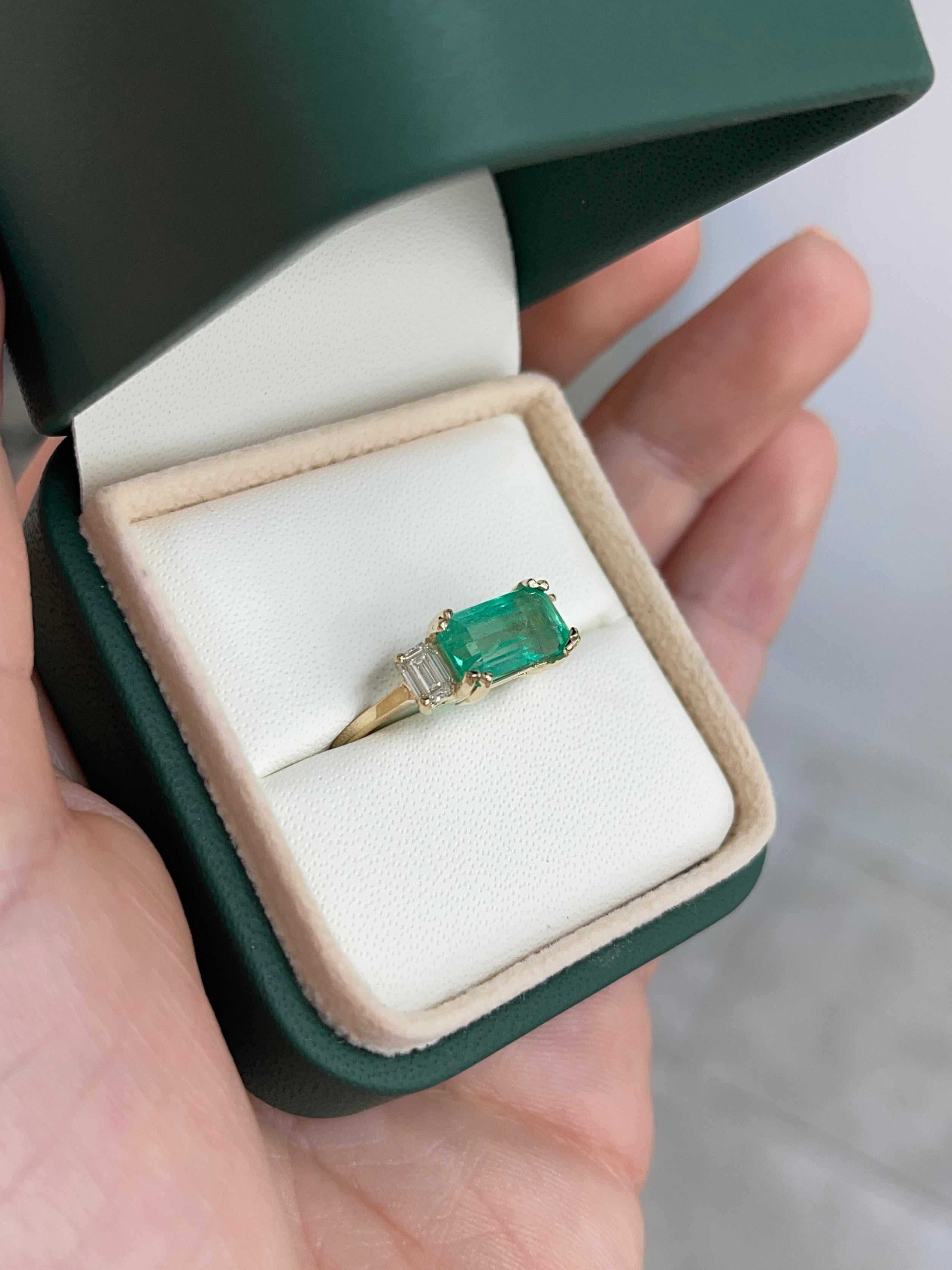 Three stone emerald and diamond engagement ring by JR Colombian Emeralds, featuring 3.64tcw in 14K gold setting.