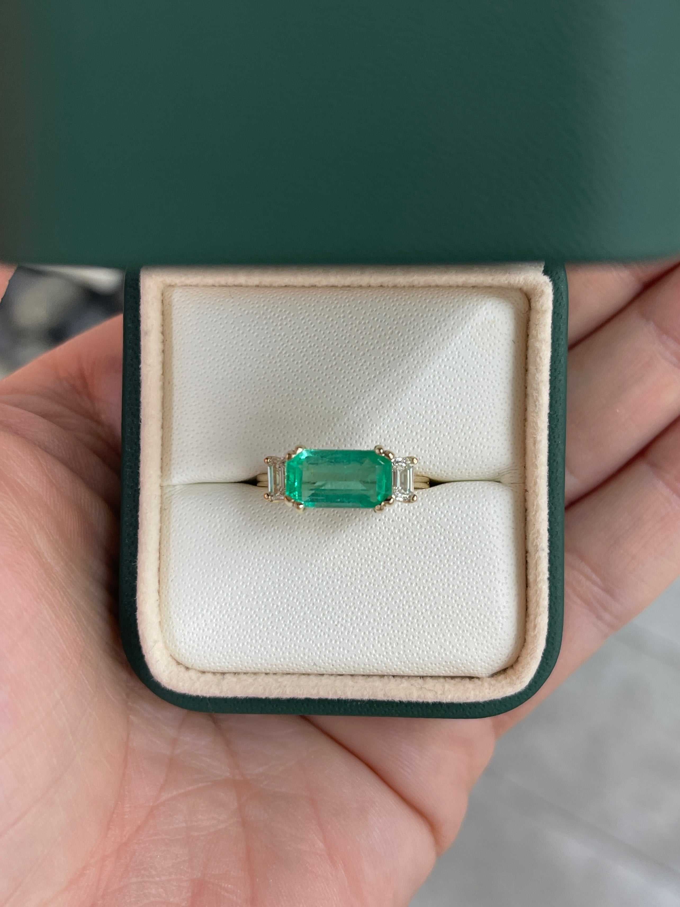 Three stone emerald and diamond engagement ring by JR Colombian Emeralds, featuring 3.64tcw in 14K gold setting.