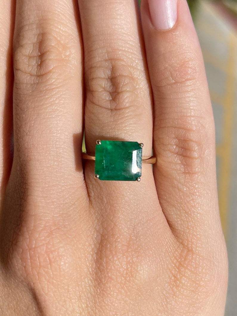 4.79 Carat Dark Green Natural Emerald Solitaire East to West Ring Yellow Gold 14K