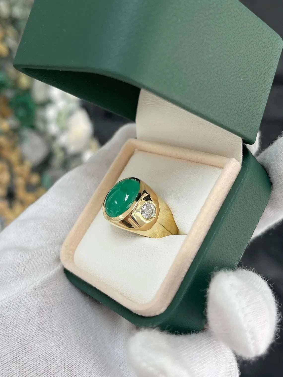 6.49 Carat Emerald Cabochon Three Stone Ring Features Diamond Accents