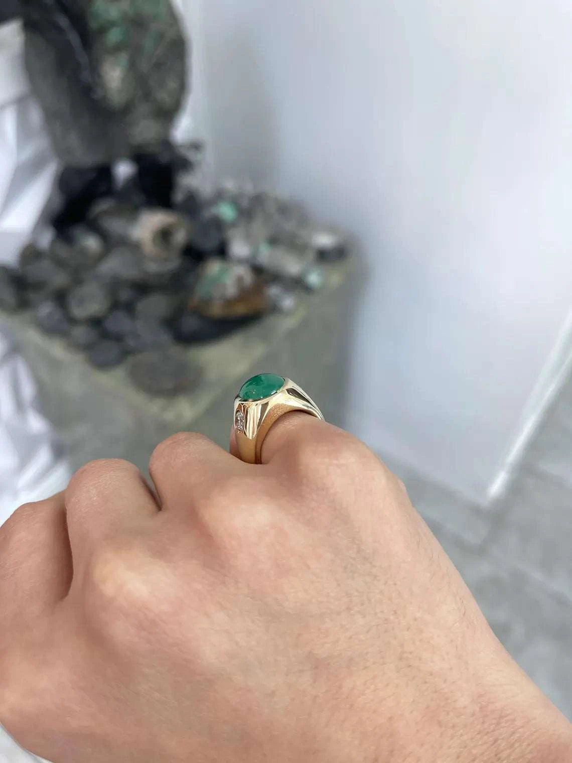 6.49 Carat Emerald Cabochon Three Stone Ring Features Diamond Accents