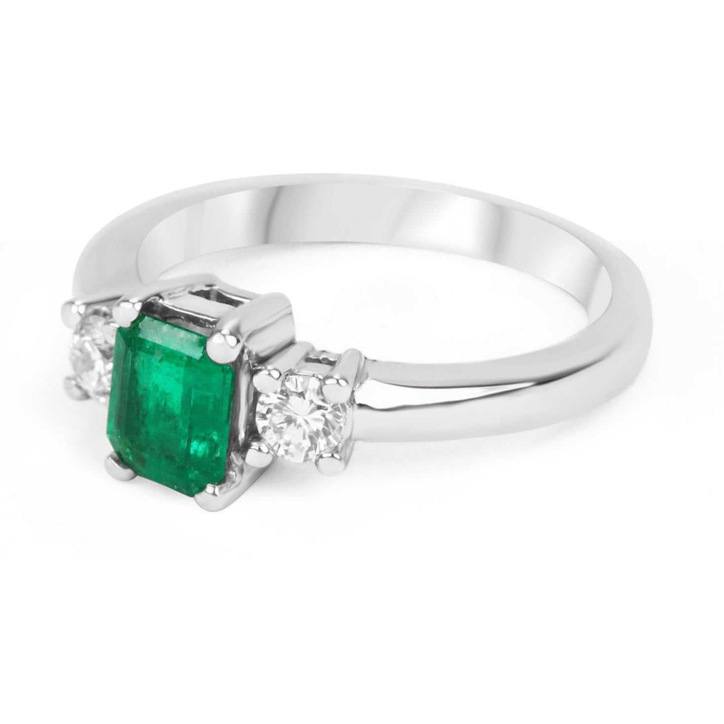 1.40tcw Dark Green Emerald Cut Emerald & Diamond Three Stone Ring 14K