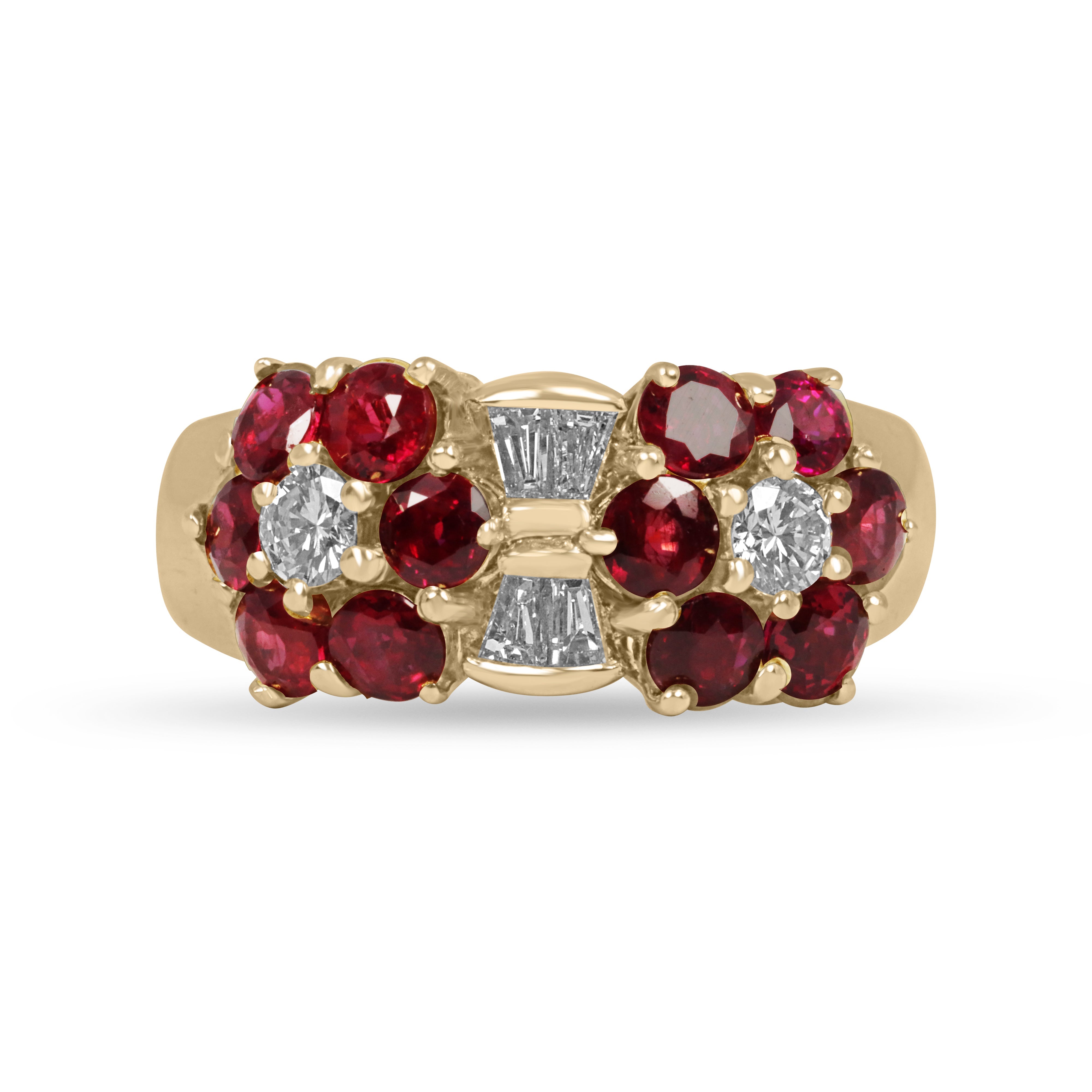 1.88tcw natural ruby and diamond wide band ring in 18K yellow gold floral cluster design