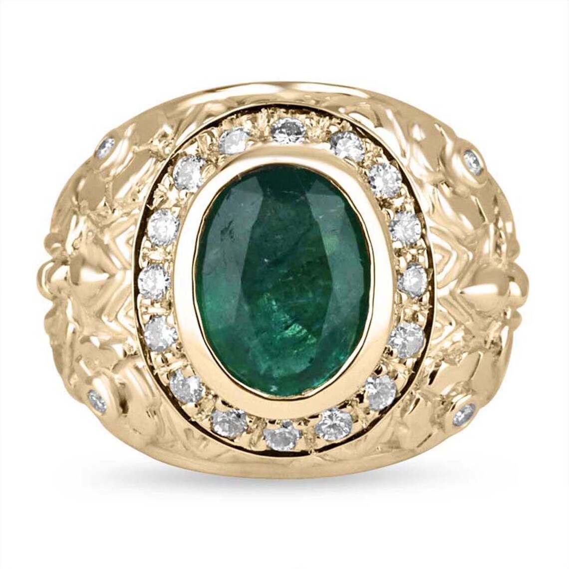 3.23ct Floral Oval Emerald Features Diamond Halo in Bold Statement Ring