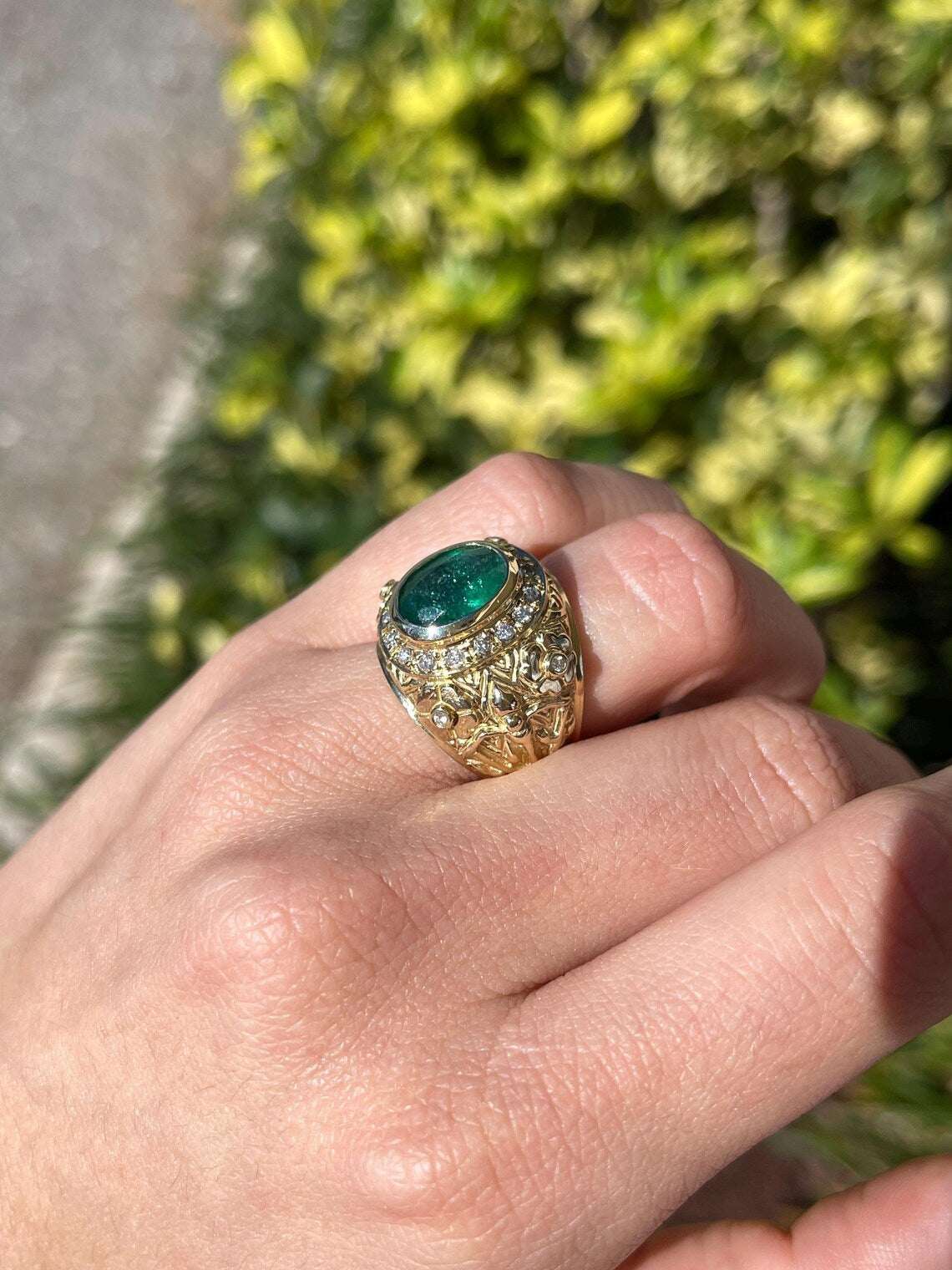 3.23ct Floral Oval Emerald Features Diamond Halo in Bold Statement Ring