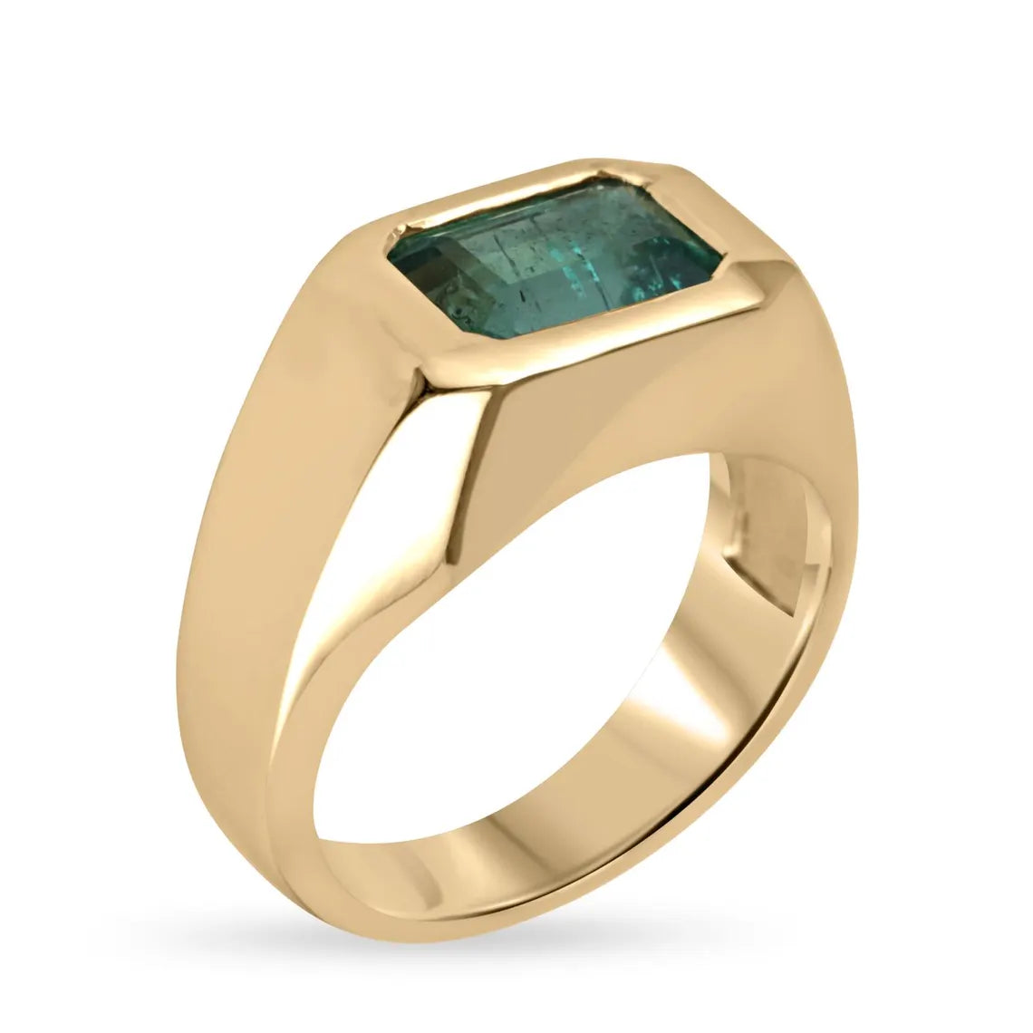 Men's ring featuring a 2.66 carat natural emerald cut emerald bezel-set in a bluish green solitaire design.