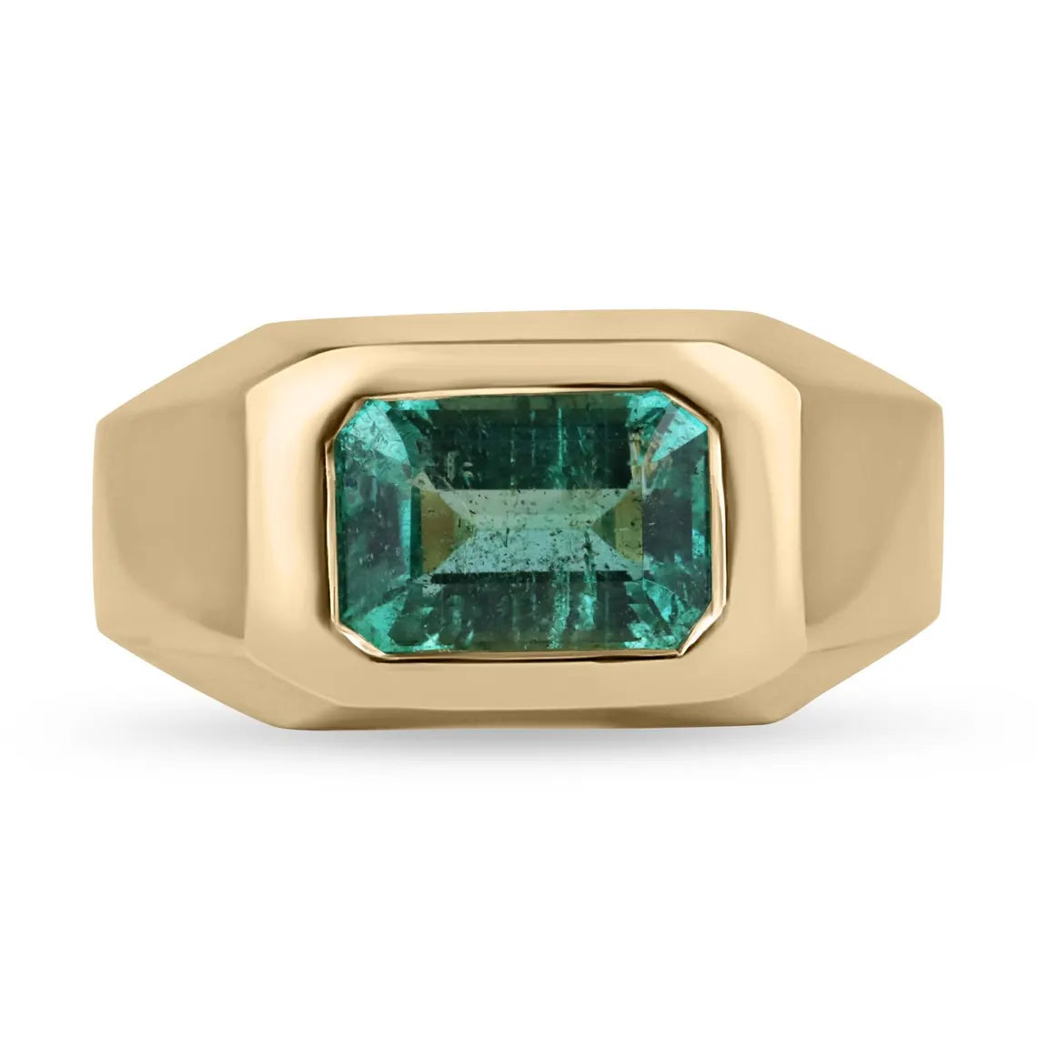 2.66ct Natural Emerald Cut Emerald Solitaire Men's Ring Bluish Green Bezel Set