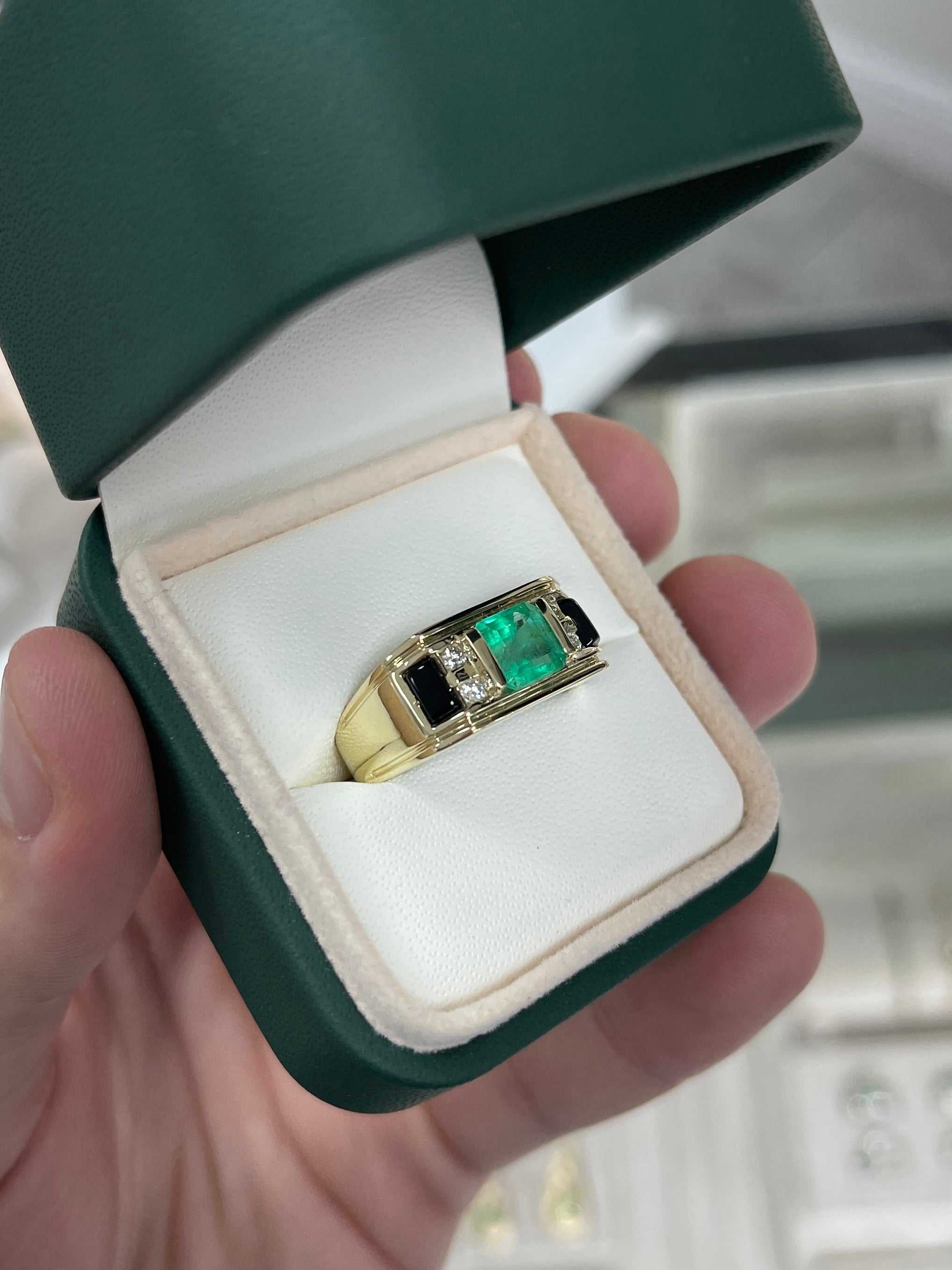 Anello da uomo con smeraldo colombiano naturale da 3,07 carati, onice nero e diamanti, in oro 14 carati