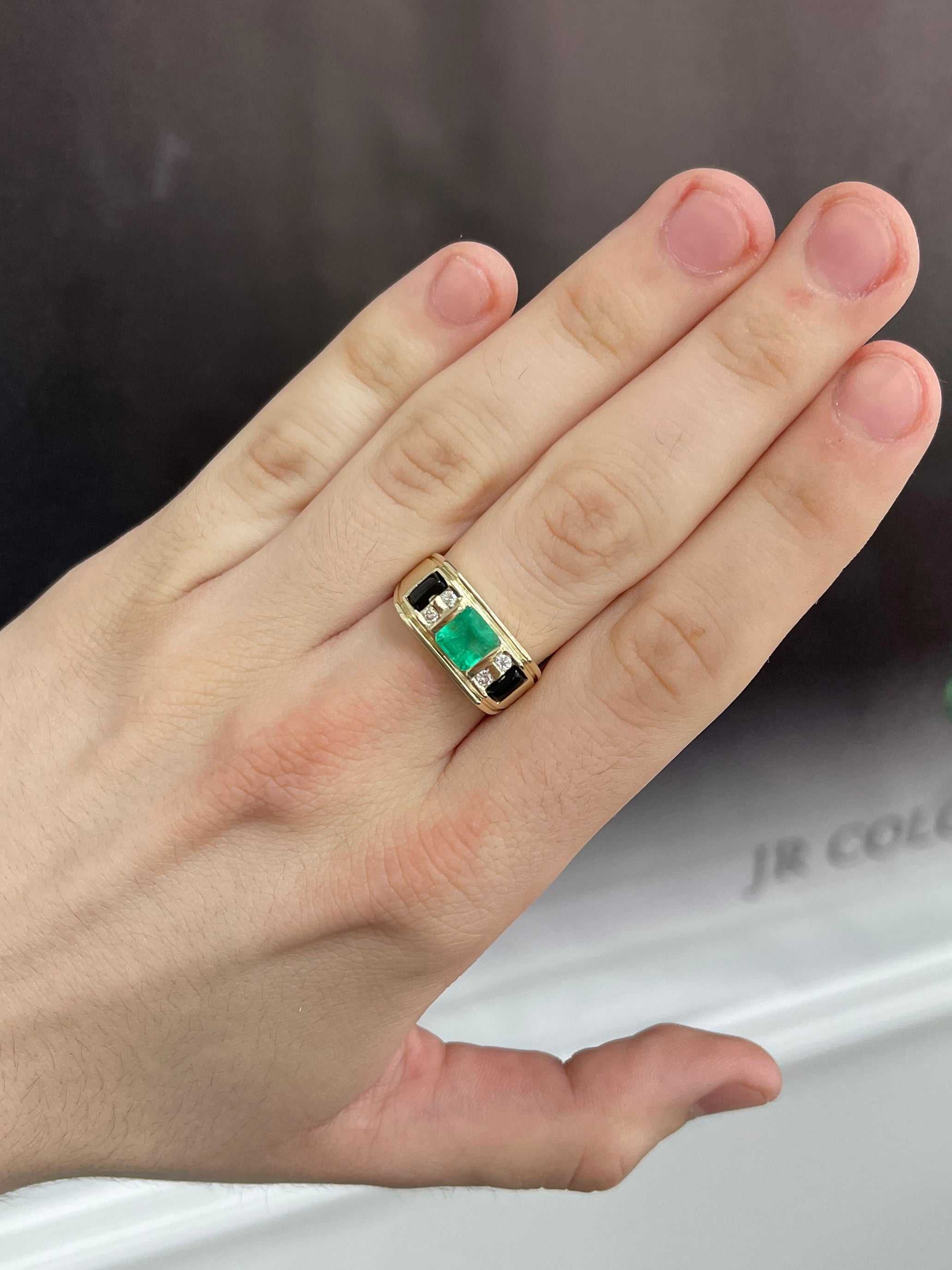 Anello da uomo con smeraldo colombiano naturale da 3,07 carati, onice nero e diamanti, in oro 14 carati