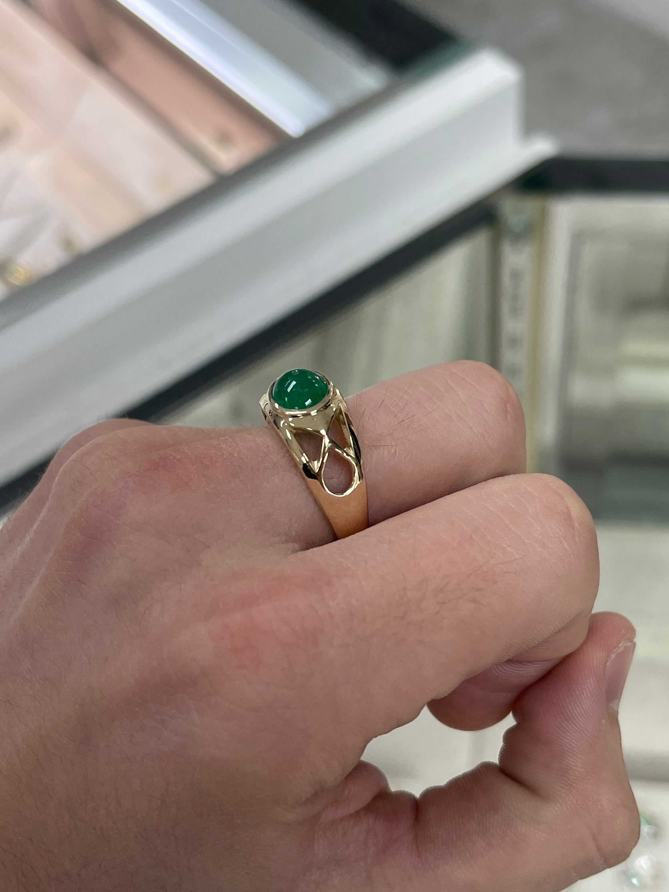 2.0 Carat Natural Green Emerald Oval Cabochon Gold Men's Ring | JR