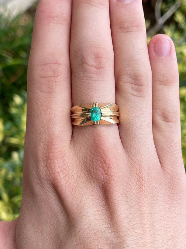 0.90 Carat Oval Emerald Men's Solitaire Ring 14K - JR Colombian Emeralds