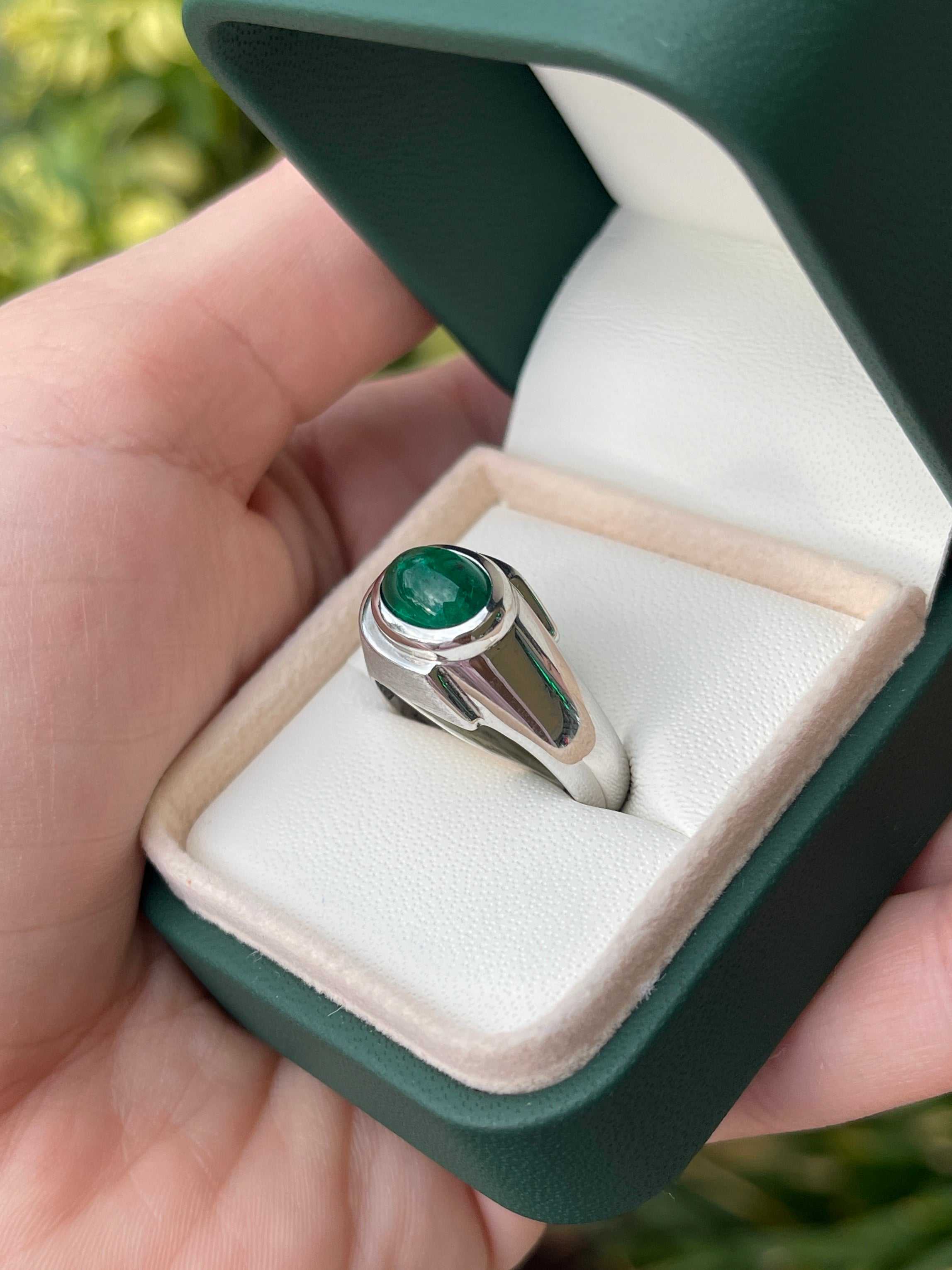 1.70 Carat Dark Top Green Emerald Cabochon Mens Ring 14K - JR Colombian Emeralds