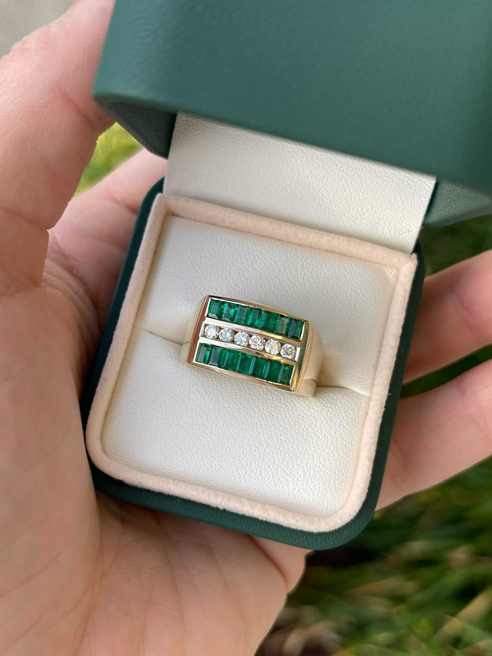 1.84tcw Natural Emerald & Diamond Men's Channel Set Ring 14K - JR Colombian Emeralds