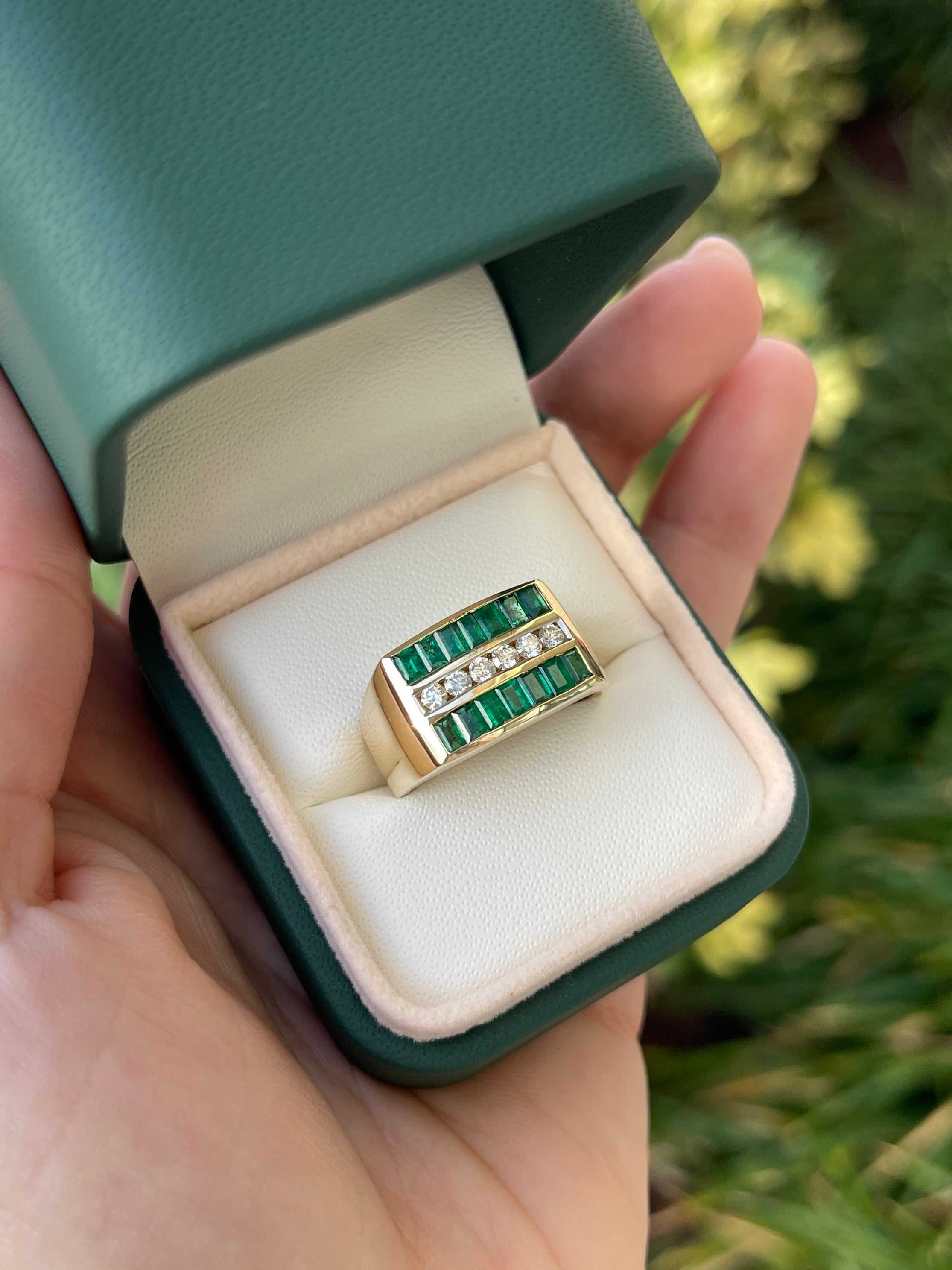 1.84tcw Natural Emerald & Diamond Men's Channel Set Ring 14K - JR Colombian Emeralds