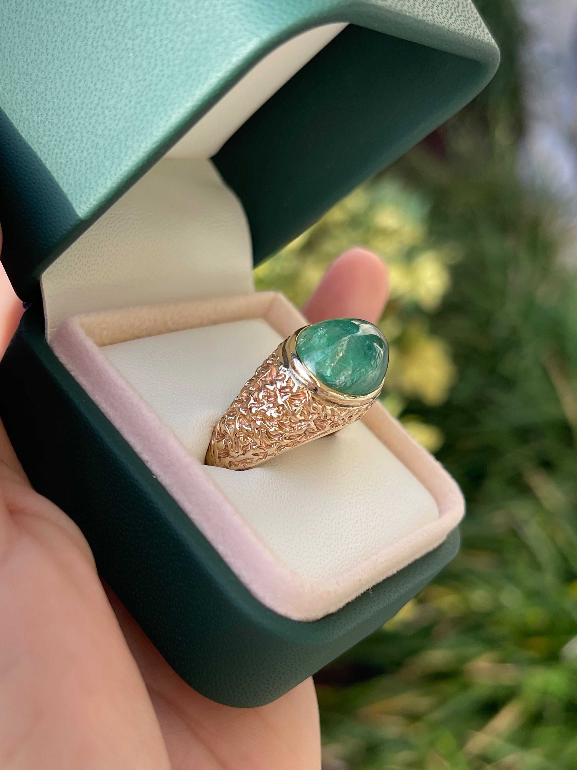 13.01cts 14K Natural Emerald Cabochon Nugget Gold Men's Ring - JR Colombian Emeralds
