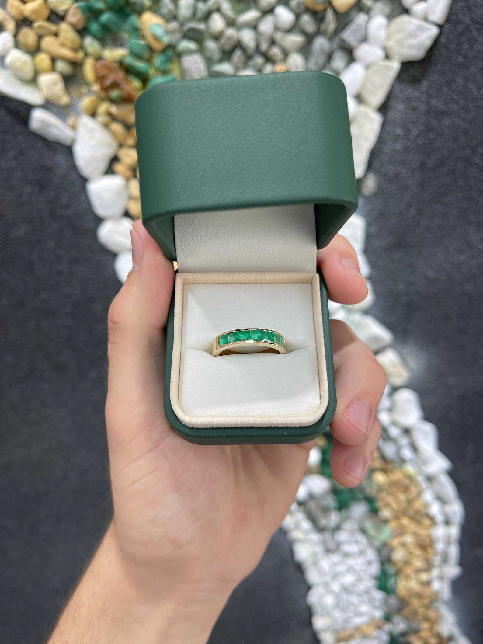 Men's 14K gold band ring featuring 1.40tcw vivid green emeralds by JR Colombian Emeralds.