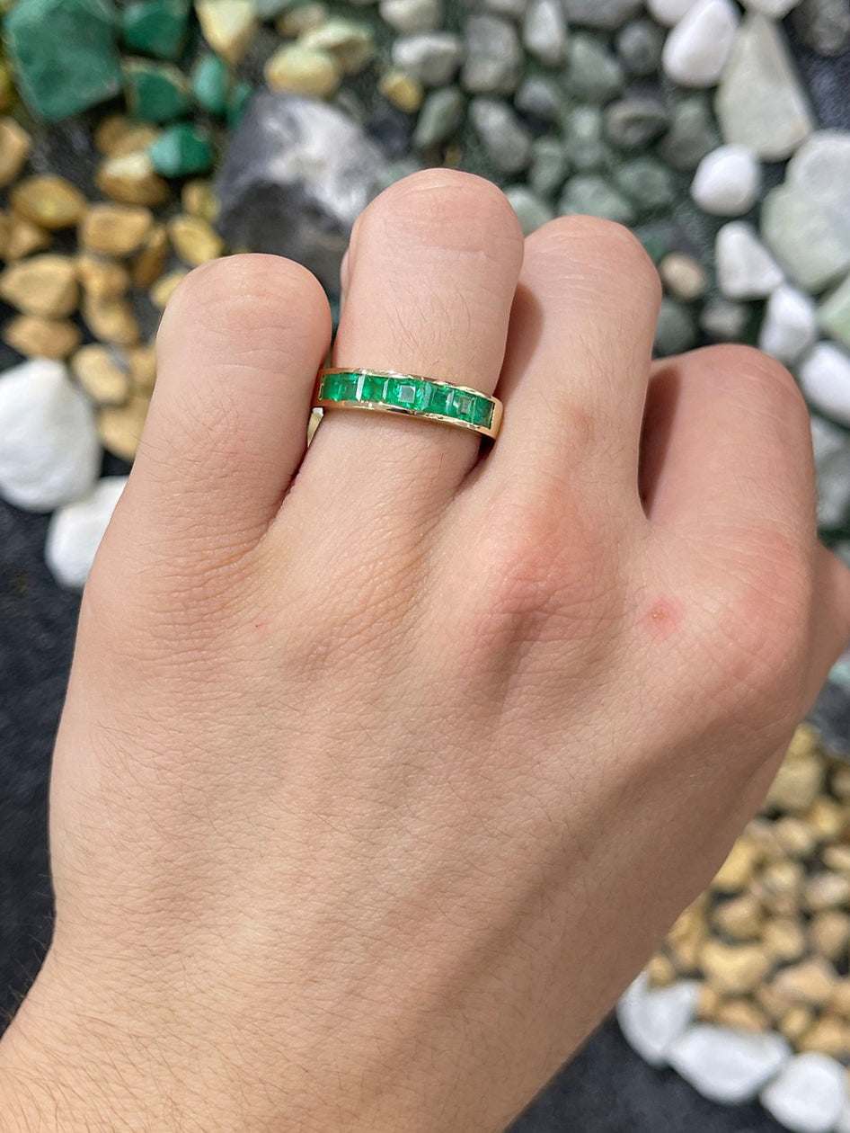 14K gold band ring for men with 1.40tcw natural vivid green emeralds by JR Colombian Emeralds.